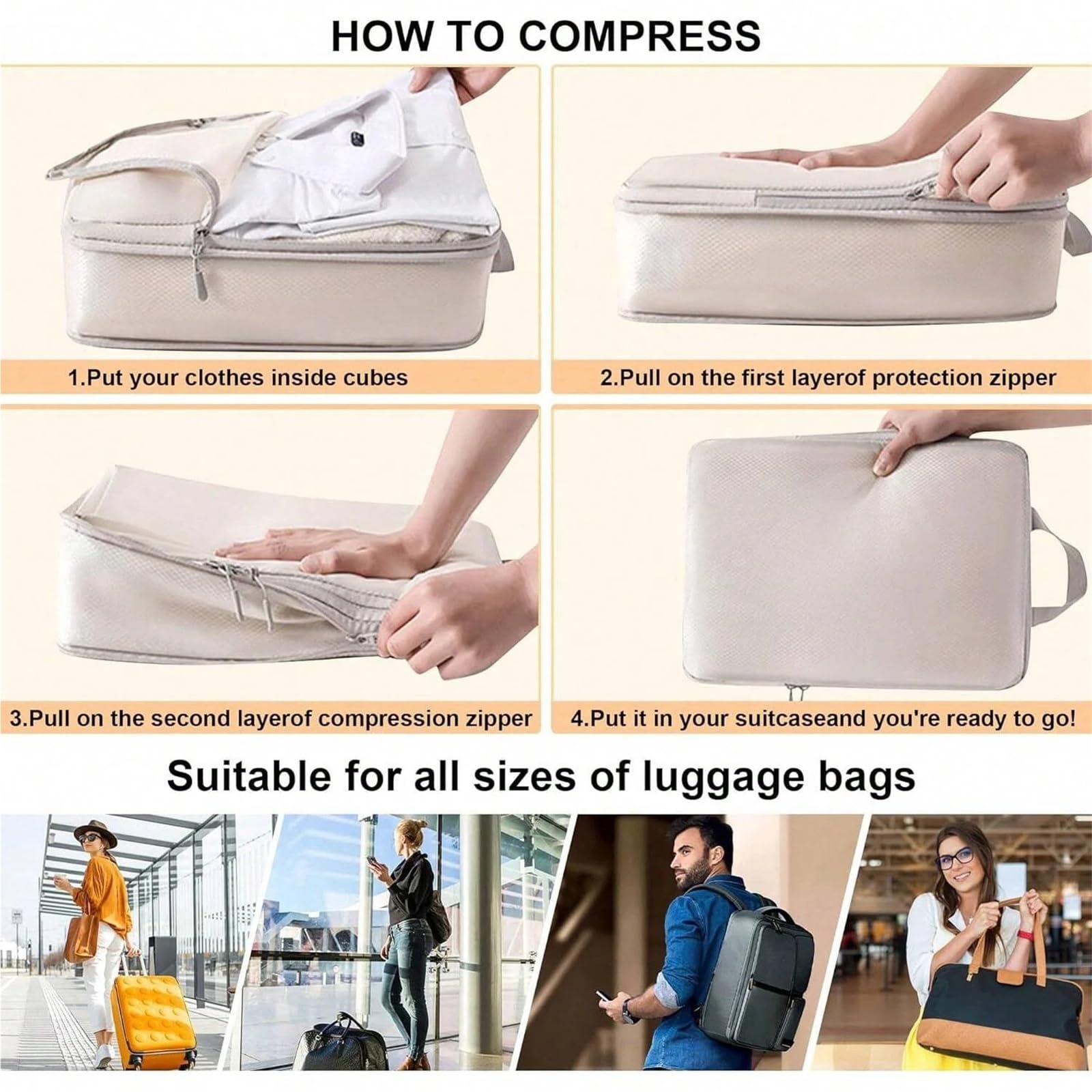 6 pezzi di cubi comprimibili for riporre gli oggetti da viaggio, impermeabili, in nylon, portatili, con organizer for borse e bagagli Organizer per valigie(6 pcs beige)