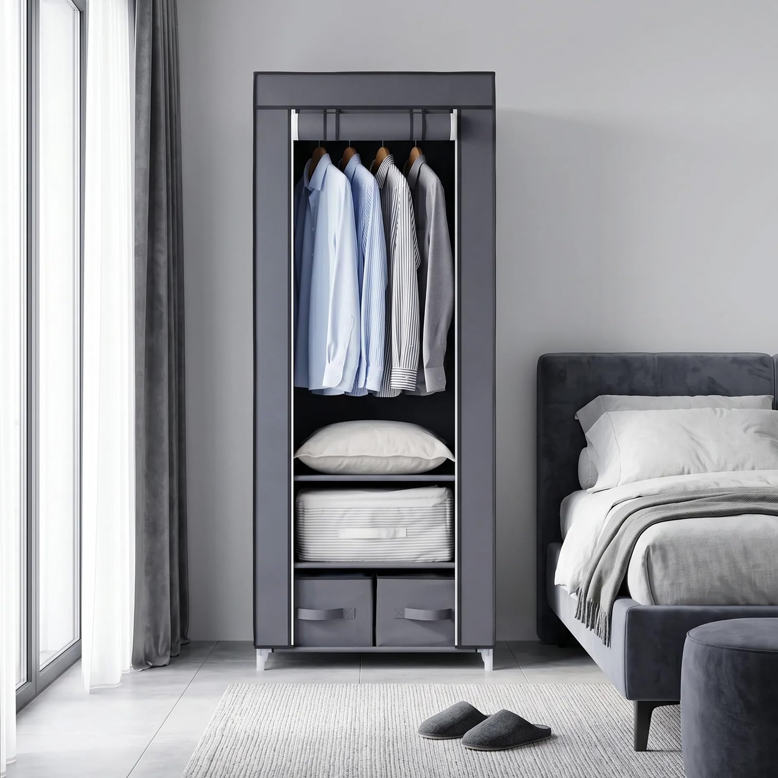 Hododou Armario portátil individual de lona, organizador de almacenamiento de ropa con 2 cajones y barra para colgar, armario plegable para ropa, bolsos, juguetes, zapatos, sala de estar, dormitorio,