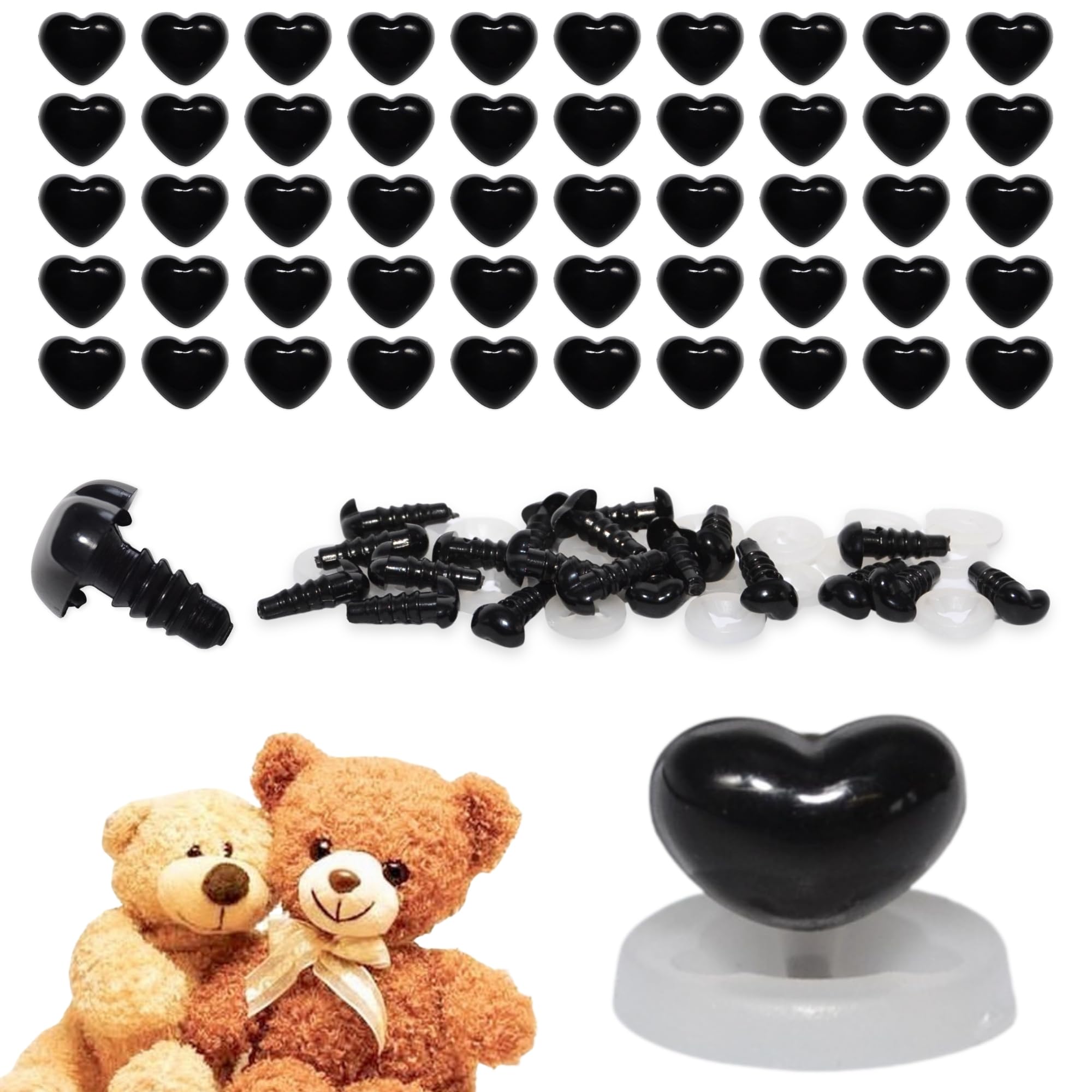 celloexpress 7mm x 5mm Black Heart Noses with Plastic Backs - Safety Noses for Soft Toy Teddy Bear Animal Making (Pack of 50)