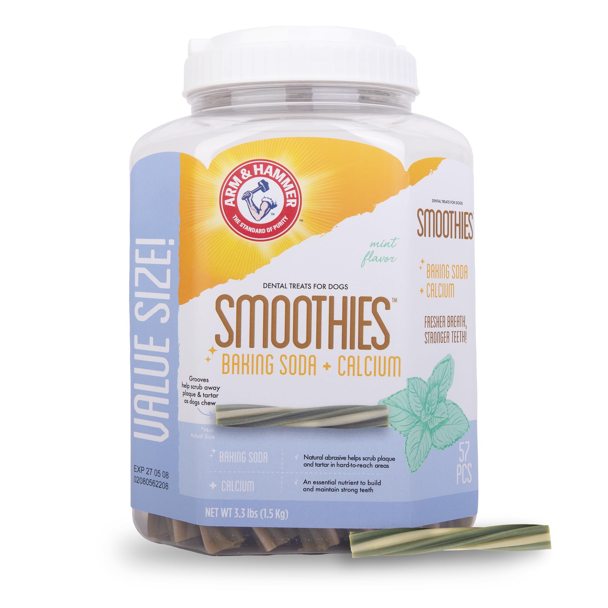 arm & hammer for pets smoothies dental treats for dogs with baking soda and calcium, treat chews help fight bad breath, plaque & tartar without brushing, mint, 57 pcs (packaging may vary)