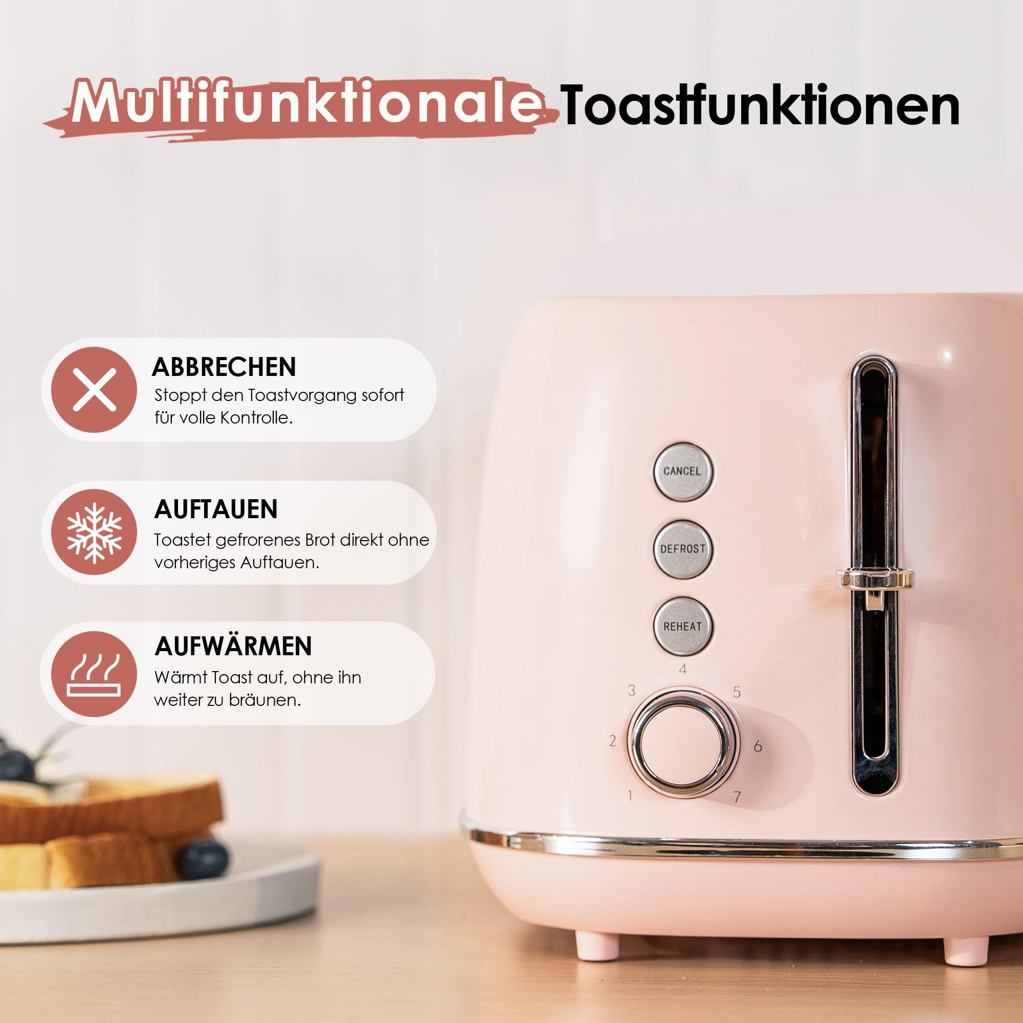 Fab by Kitchen in the box Rosa Toaster 2 Scheiben, Retro Toaster aus Edelstahl mit breiten Schlitzen und 7 Bräunungsstufen