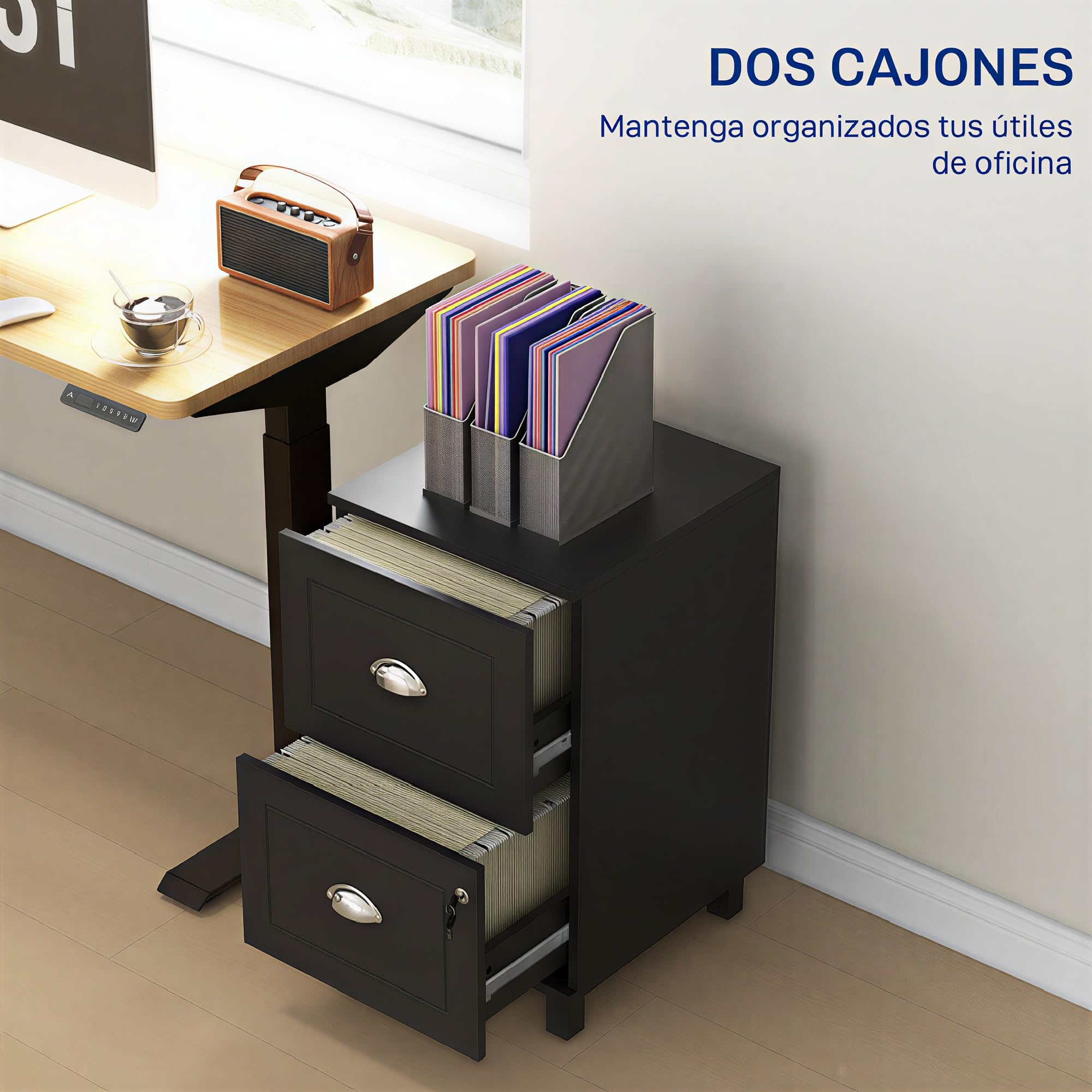 HOMCOM Cajonera de Oficina Mueble Archivador con 2 Cajones Cajonera para Escritorio con Cerraduras Carpetas Suspendidas para A4 y Carta 40x41,5x67,5 cm Negro