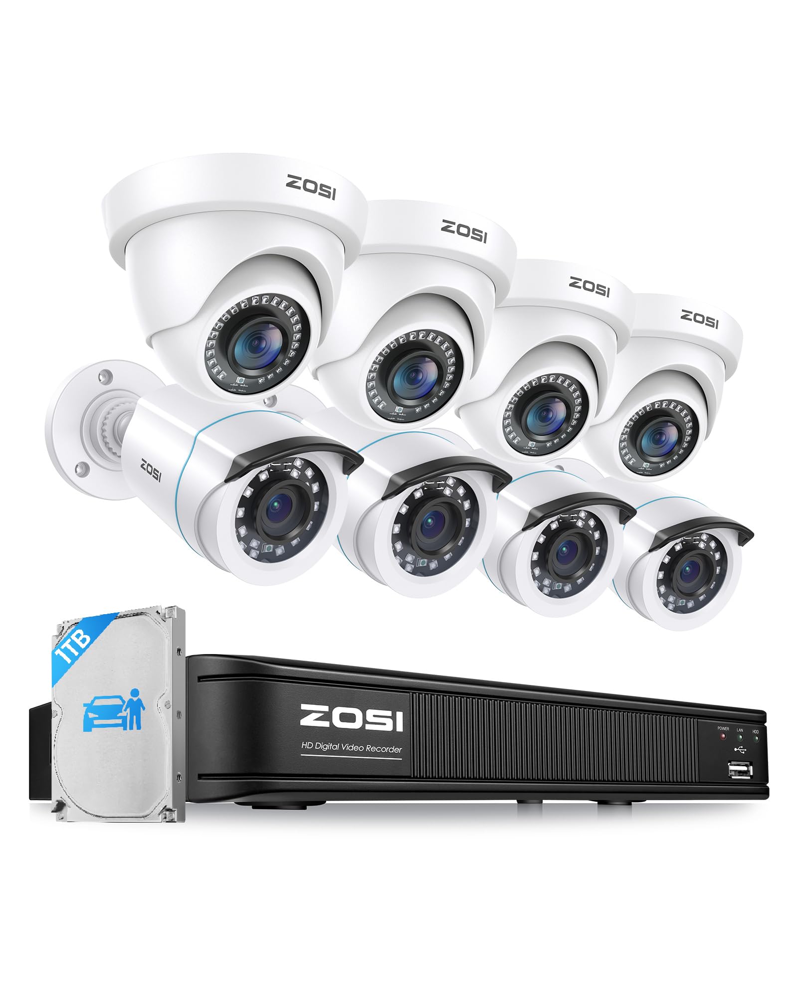 ZOSI 3K Lite Home Security Camera System with AI Human Vehicle Detection, H.265+ 8CH CCTV DVR and 8 x 1080p Wired Outdoor Indoor Bullet Dome Cameras, Remote Access, Alert Push (1TB Hard Drive)