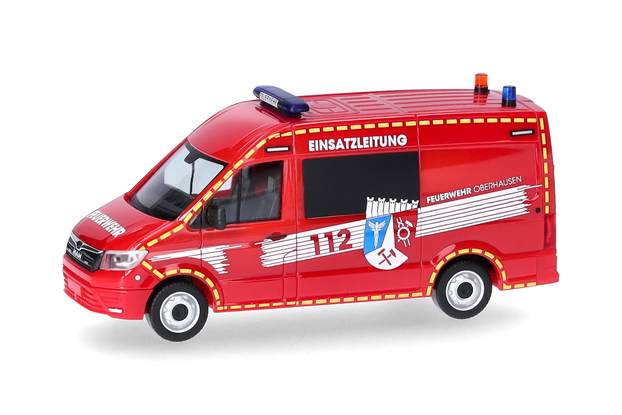 Herpa truck model MAN TGE semi-bus high roof “Feuerwehr Oberhausen/ELW”, on a scale of 1:87, plastic miniature, made in Germany, collectors edition