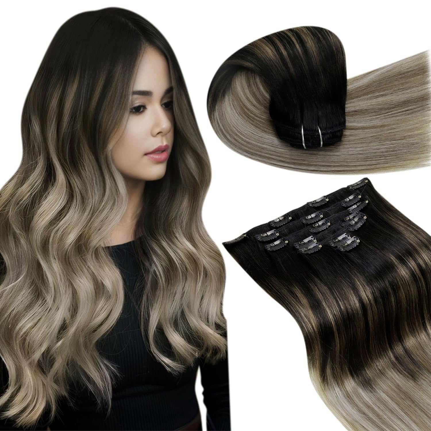 LaaVoo Clip in Hair Extensions Real Human Hair Black Hair Extensions Clip in 24 Inch 140g 7pcs Full Head Straight Balayage Light Brown & Blonde Remy Hair Double Weft #1b/8/22