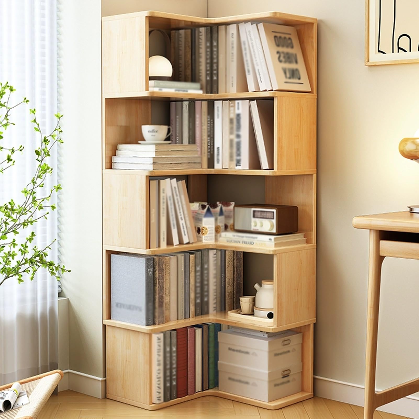 Libreria angolare a forma di L, scaffale angolare per piante, espositore multiuso, per piccoli spazi (naturale)
