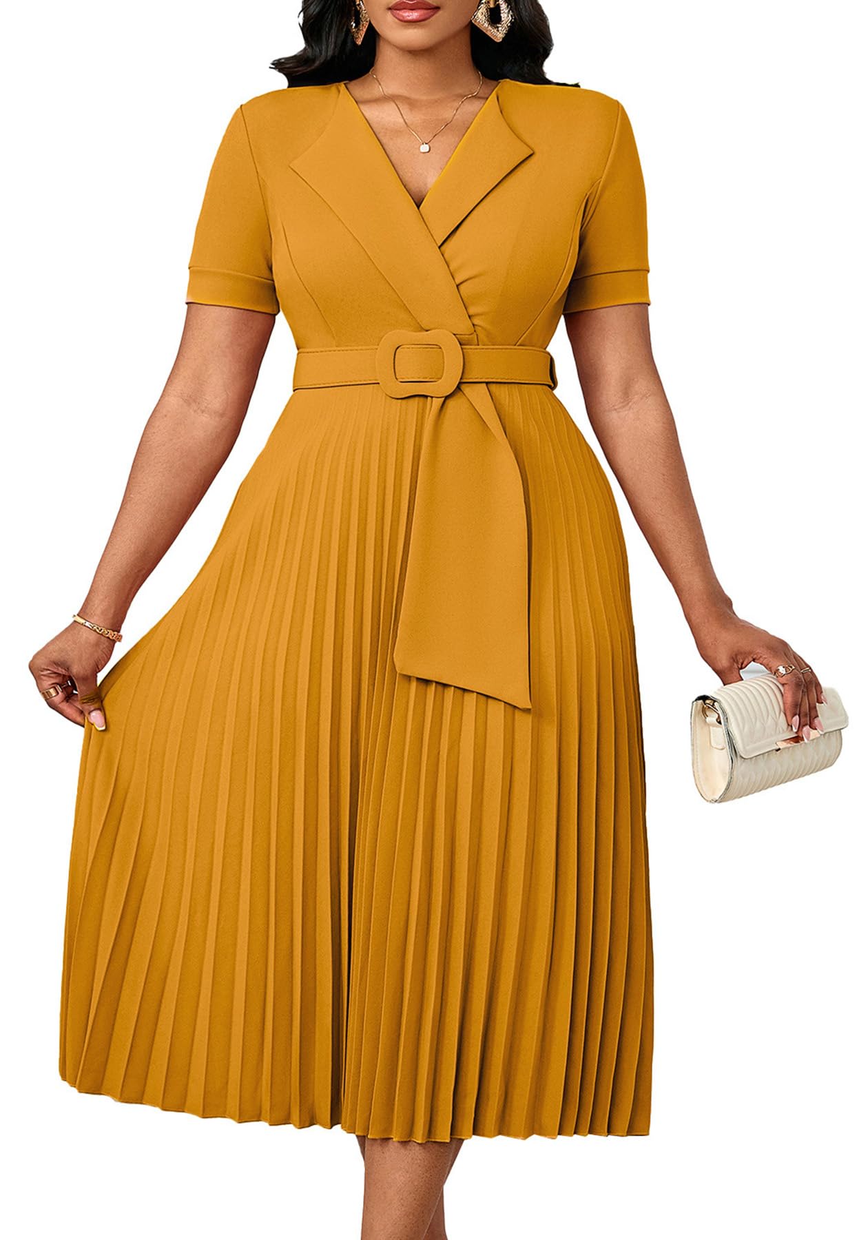Geulis Womens Business Work Church Dress High Waisted Pleated a Line Flowy Dresses Casual Elegant Midi Dress with