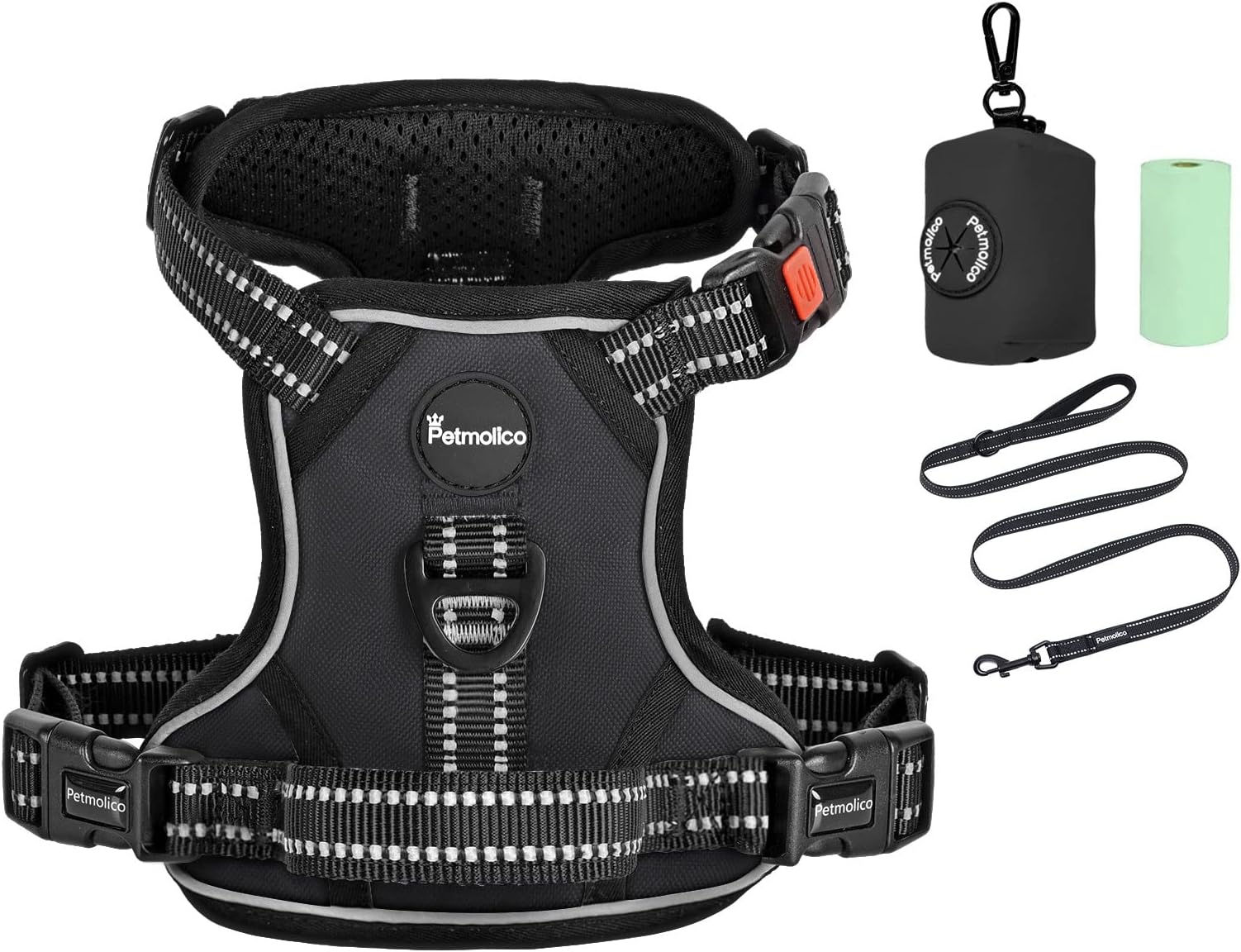Petmolico No Pull Dog Harness Set, 2 Leash Attchment Easy Control Handle Reflective Vest Dog Harness Small Breed, Small Dogs Harness and Leash Set with Poop Bag Holder, Small Black