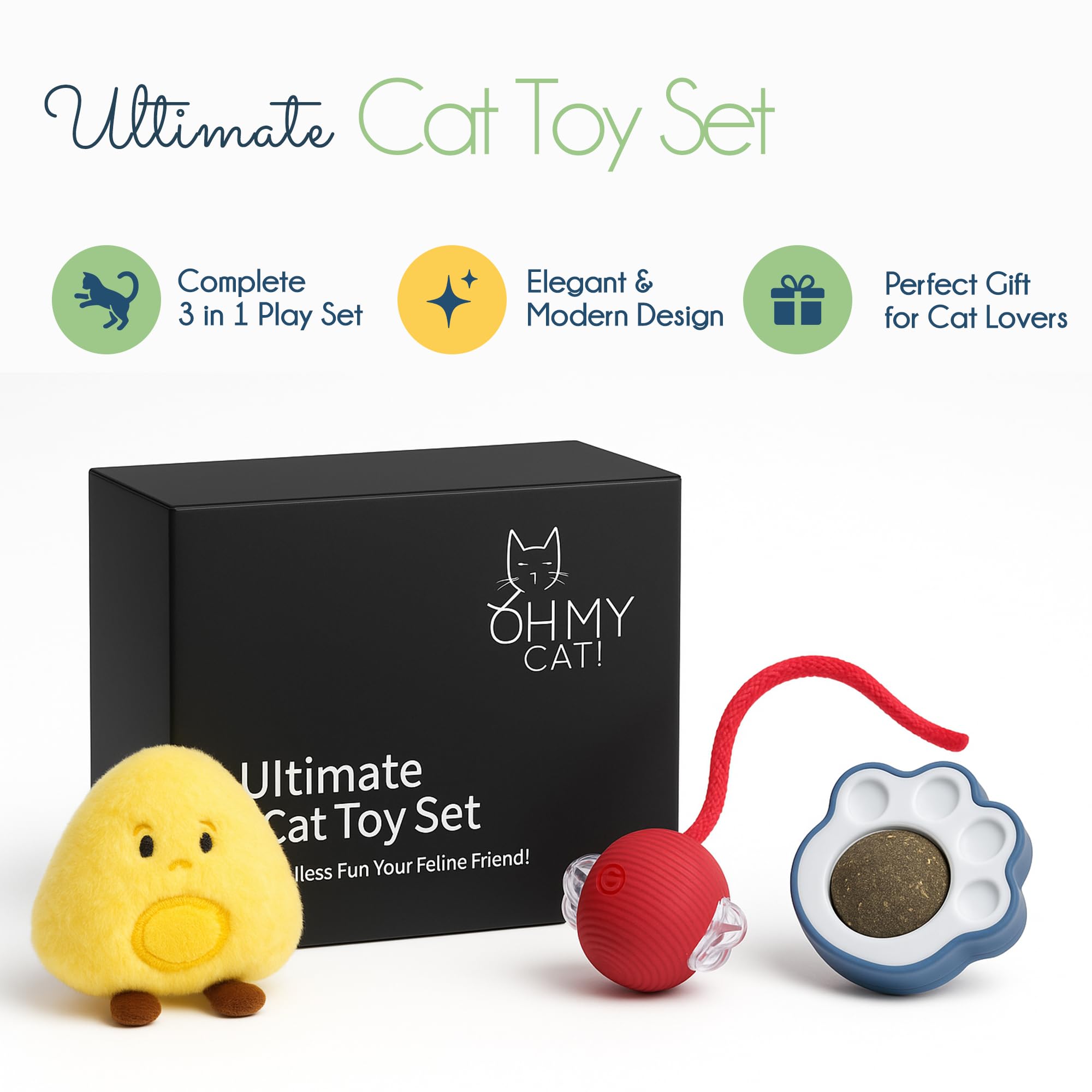 Oh My Cat! Juego de juguetes para gatos, 3 juguetes interactivos para gatos, bola de movimiento automático con luces, juguete de hierba gatera de felpa y regalo de pata de menta para gatos, regalos