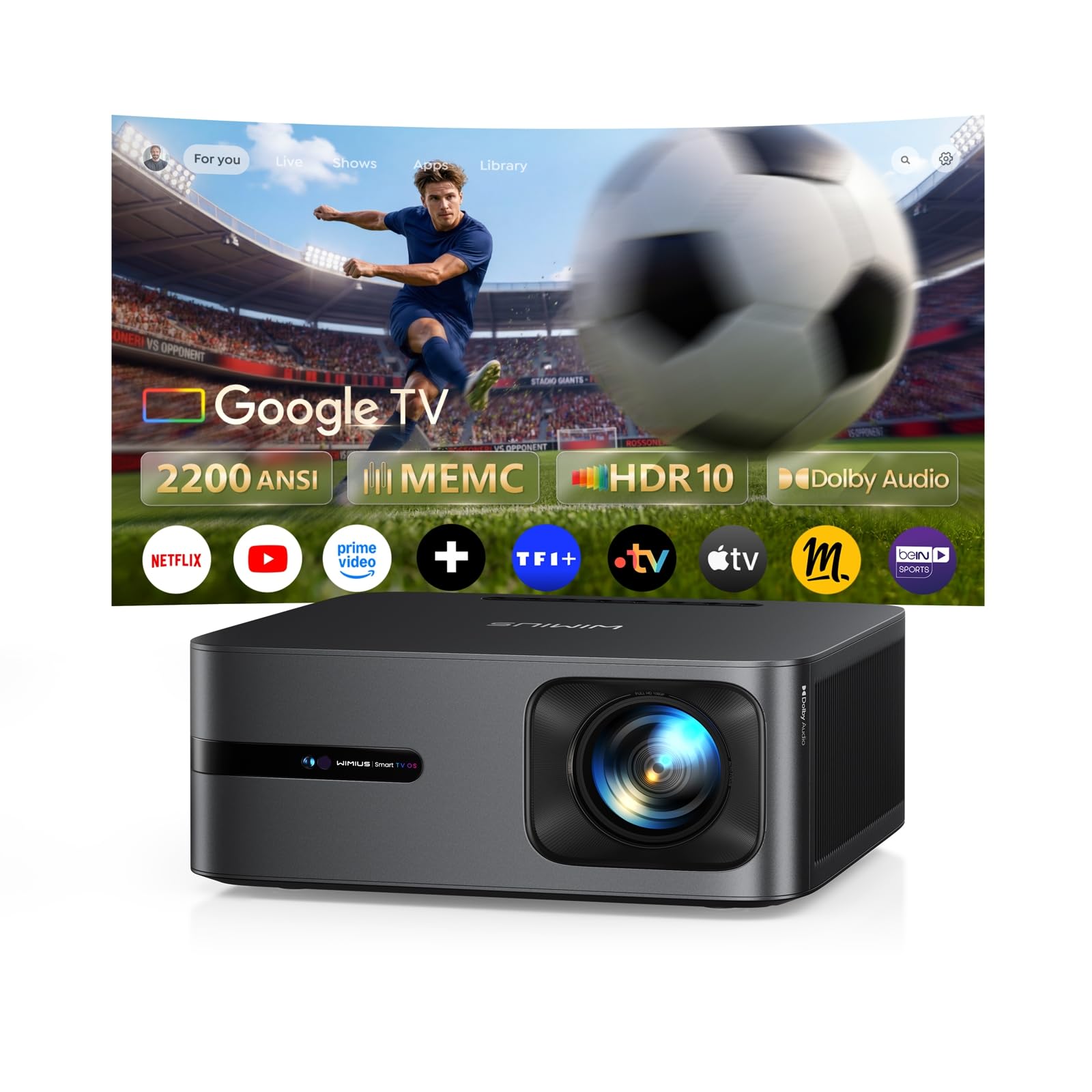 Vidéoprojecteur 4K MEMC【2200 ANSI/Google TV 14.0/Dolby 40W】 Auto Focus/Keystone WiMiUS Vidéoprojecteur de Jour 4K, Contrôle Vocal, HDR10,Rétroprojecteur WiFi Bluetooth 1080P Zoom Home Cinéma HDMI 2.1 - 1