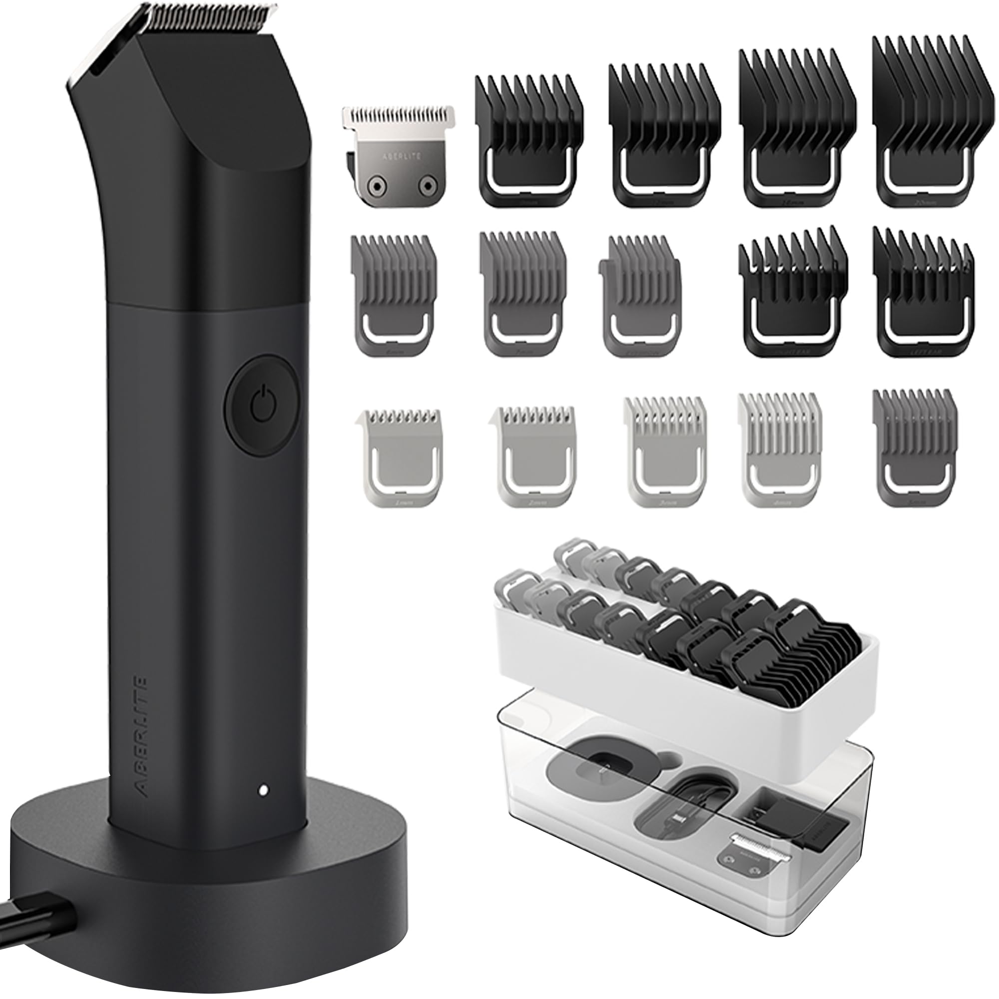 Aberlite Trimmer per barba da uomo Trim 14 base: 14 protezioni di precisione (1-20 mm), motore a 2 velocità, impermeabile IPX6, ricaricabile USB-C, include base di ricarica, nero opaco