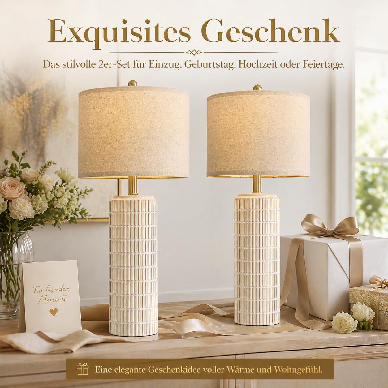 2er Set Tischlampen mit Keramikfuß Leinenschirm, H57cm LED Nachttischlampe mit Timer Speicher Dimmbar 3 Farbtemperaturen, Tischleuchte für Schlafzimmer Wohnzimmer Büro Lese(Inkl. E27-Birnen)