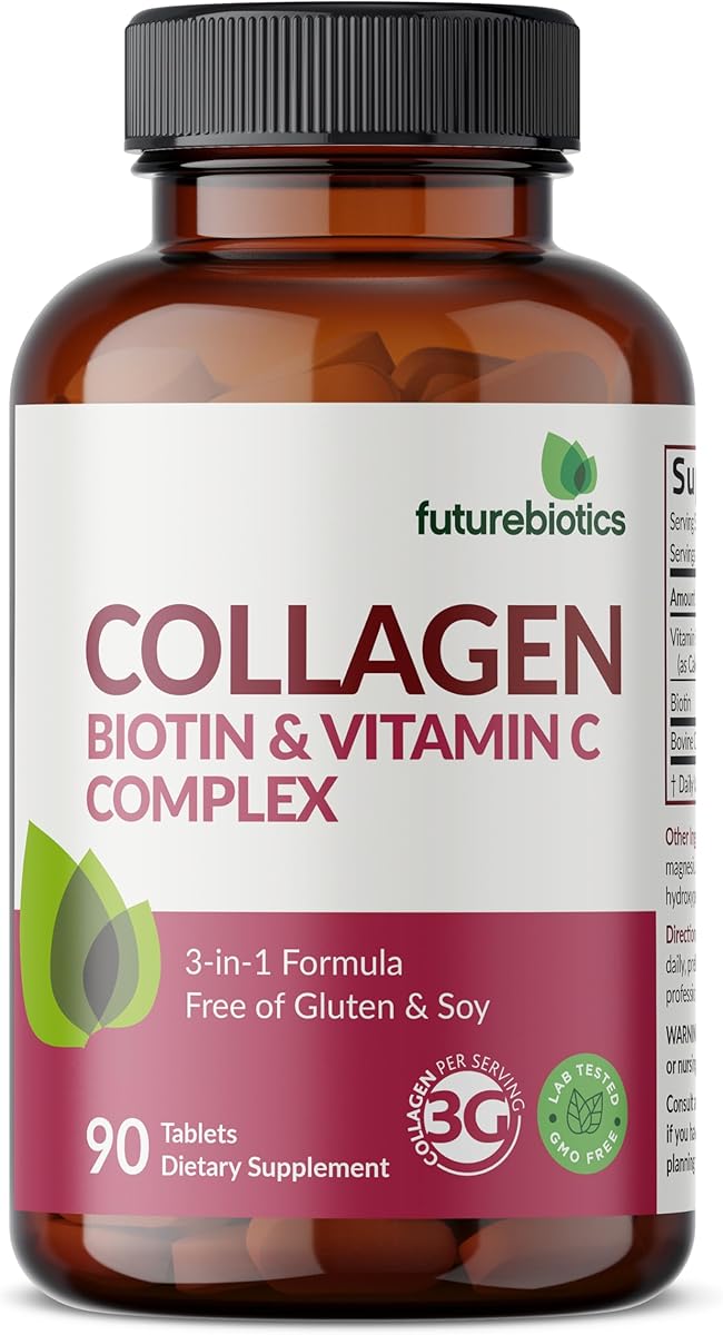 Futurebiotics Collagen Peptides with Biotin & Vitamin C Complex 3-in-1 Formula - for Hair, Skin & Nails Support, Non-GMO, 90 Tablets