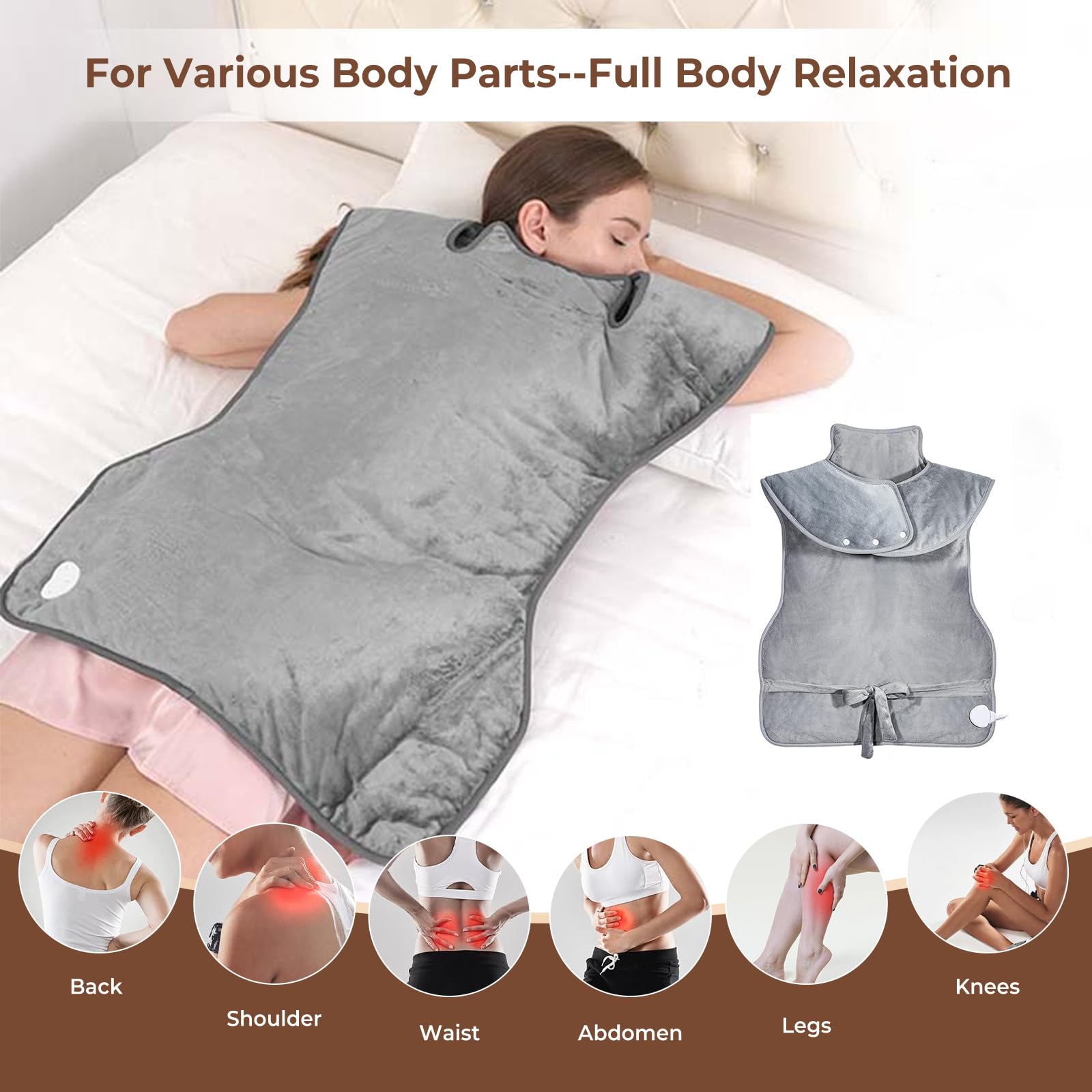 Souvik Coussin Chauffant pour dos, Electrique Epaule Taille et Nuque, Couverture Chauffante, pour Femmes Hommes, 6 Modes de Chauffage, 4 RéGlages de Minuterie, Lavable en Machine, Chauffage Rapide