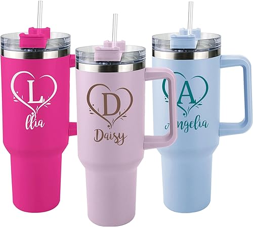 Vaso personalizado con asa, vaso de 40 onzas con asa y popote, vaso de viaje aislado para café, acero inoxidable 304 de grado alimenticio, regalo