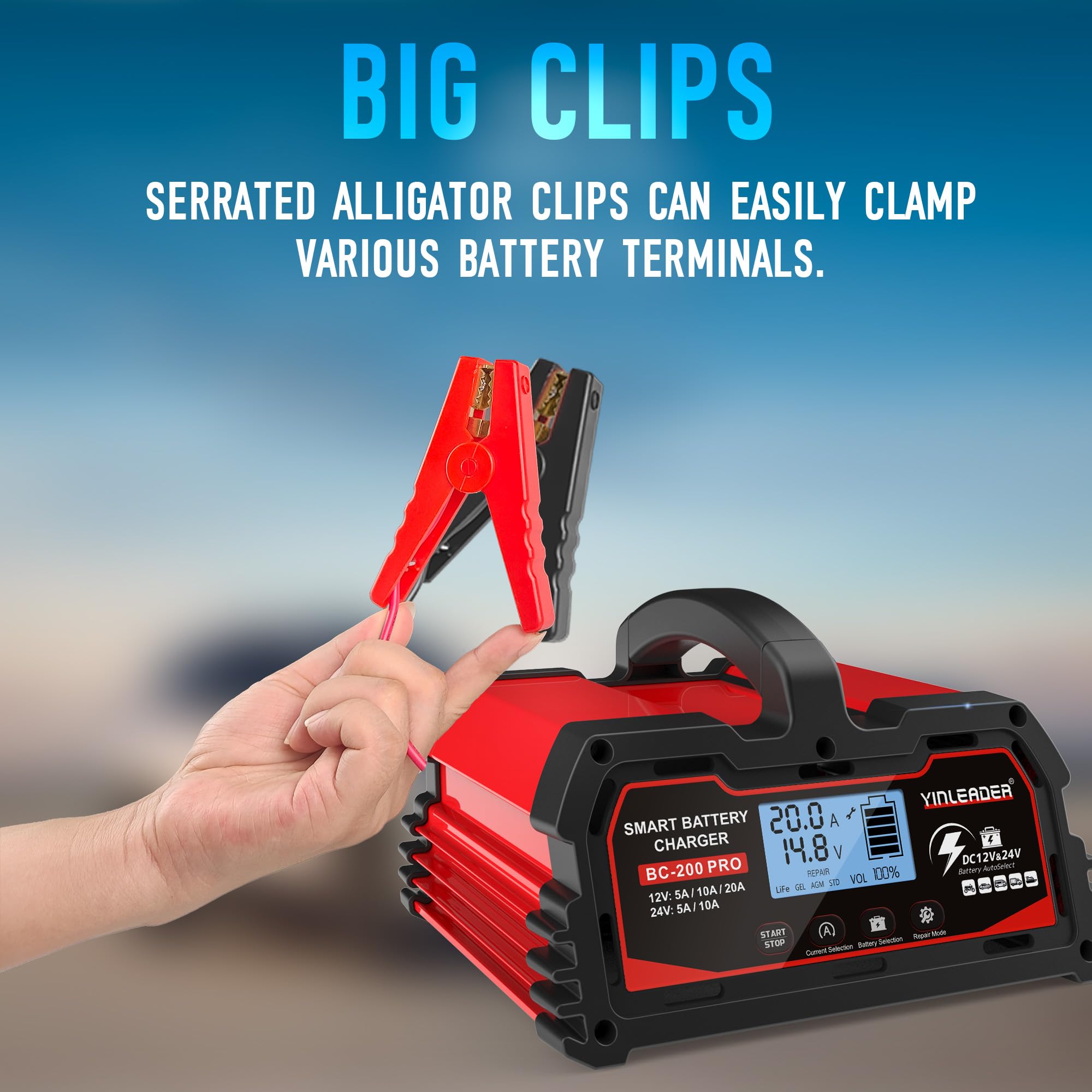 Autobatterie Ladegerät 20A 12V/24V Batterieladegerät Auto Vollautomatisches Intelligentes Erhaltungsladegerät mit LCD-Bildschirm, Ladegeräte für Autobatterien 12v LiFePO4 Batterie