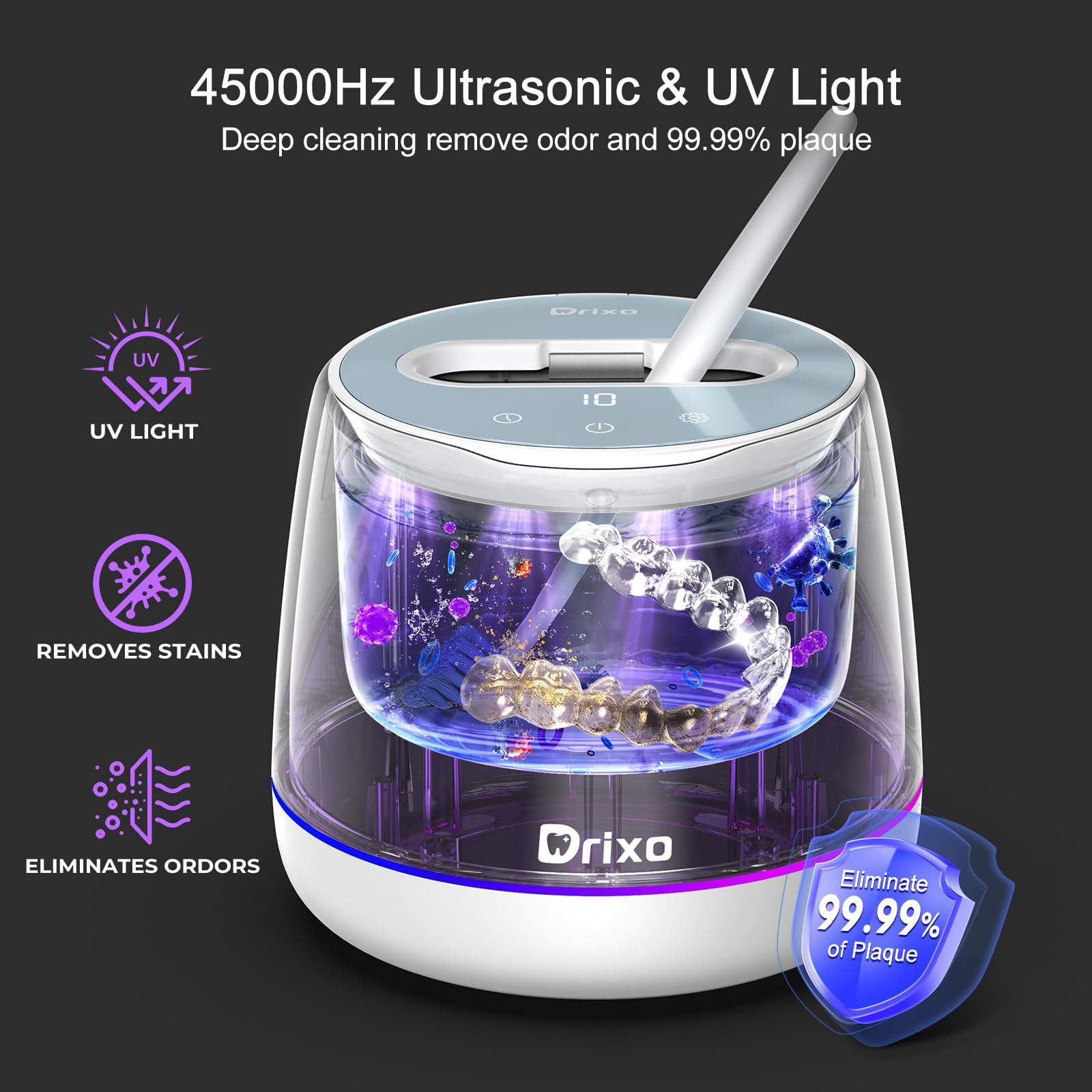 Drixo Limpiador Ultrasonidos Dental y Férula, 45kHz 24W Ultrasonic Cleaner, Máquina 200ML para Alineadores Invisibles, Retenedores, Dentaduras y Brackets, IPX6 Impermeable, 9 Modos, Marfil