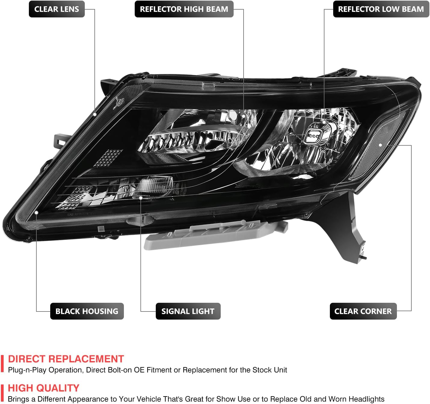 DNA MOTORING Pair of OE Style Headlights Compatible With Nissan Pathfinder 2013-2016, Black/Clear Lens, OEM-HL-0345