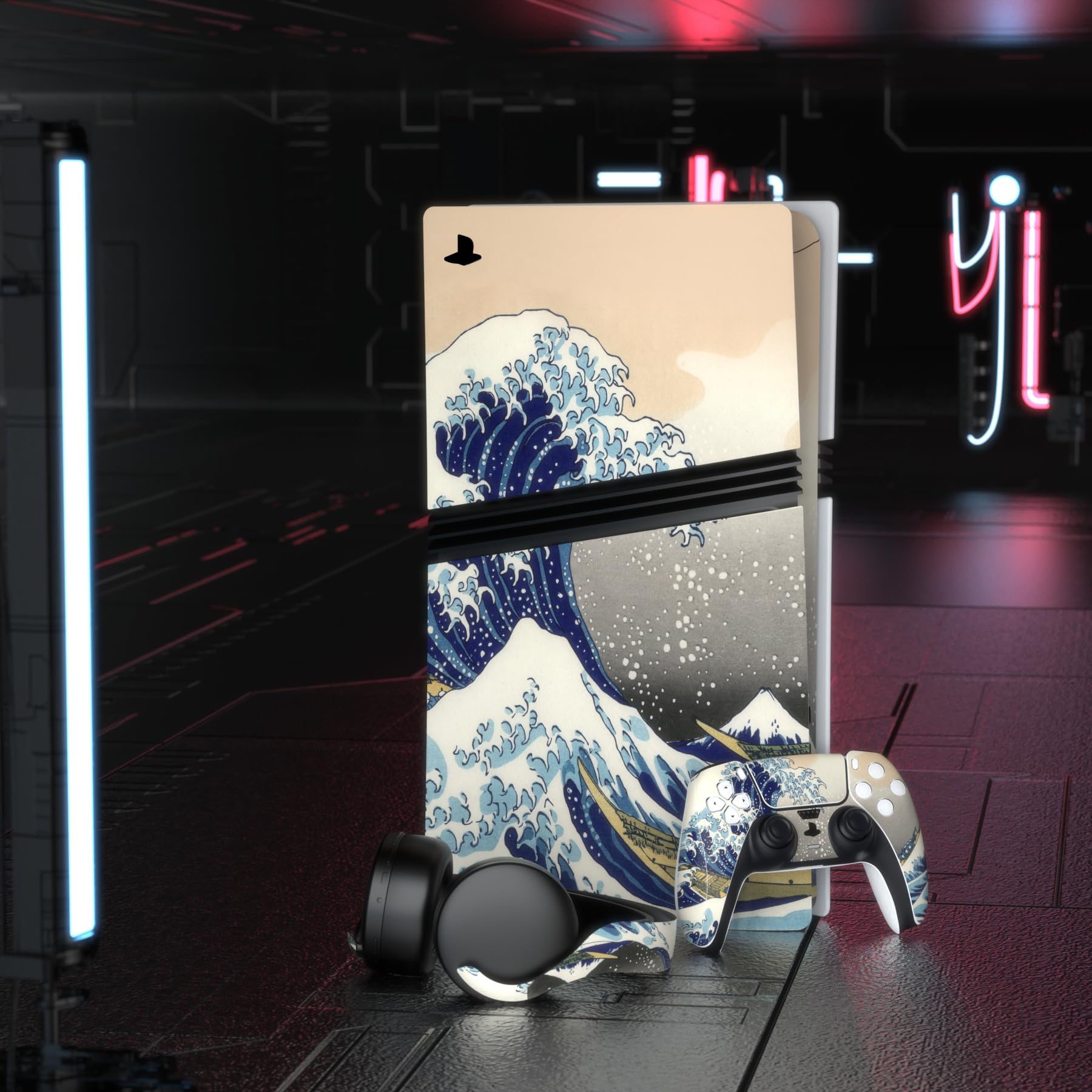 PlayVital Full Set Skin Sticker für ps5 Pro Konsole Digital & Disc Edition, Vinyl Aufkleber Schutzfolie Zubehör für ps5 Pro Controller & Headset & Ladestation & Fernbedienung-The Great Wave
