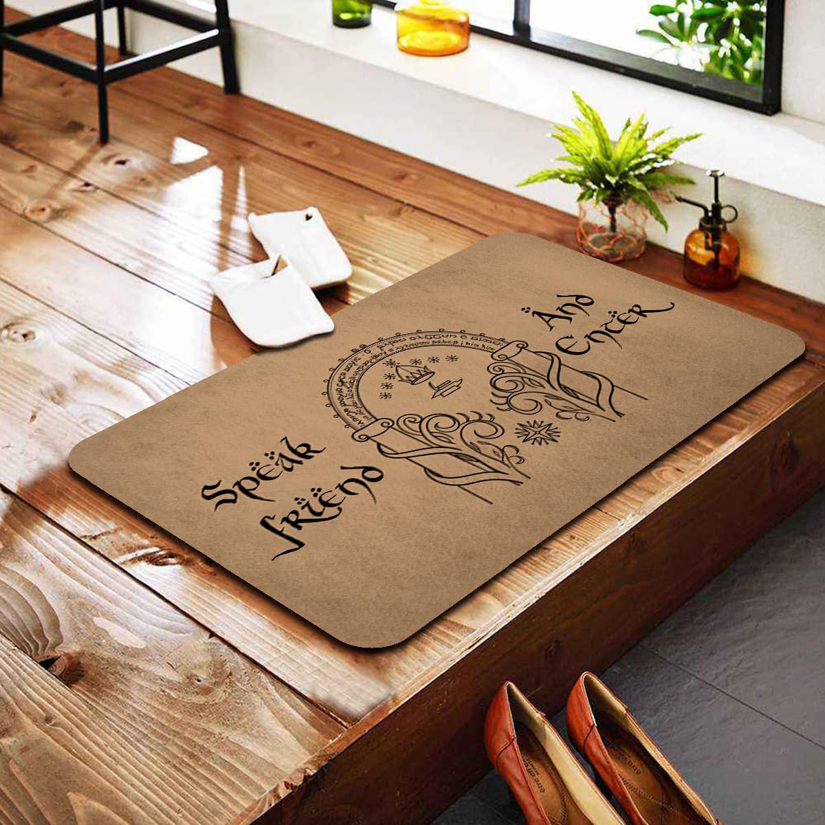 Divertido felpudo de bienvenida para puerta delantera, tapete de regalo para inauguración de la casa, decoración interior del hogar (60.2 cm x 39.6 cm) (habla amigo y entra)