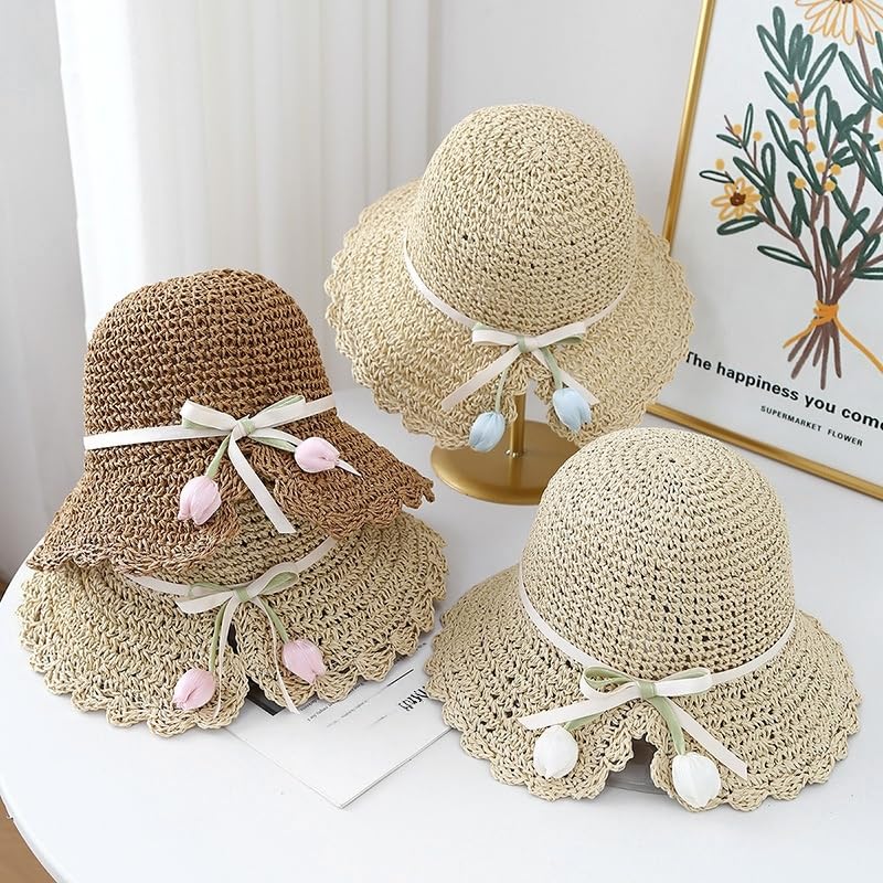 Sombrero de Paja para Mujer,ala Ancha,con Decoración de Tulipanes,Plegable,Flexible,para Playa,para Viajes,Vacaciones de Verano,Suave,Ligero y Transpirable