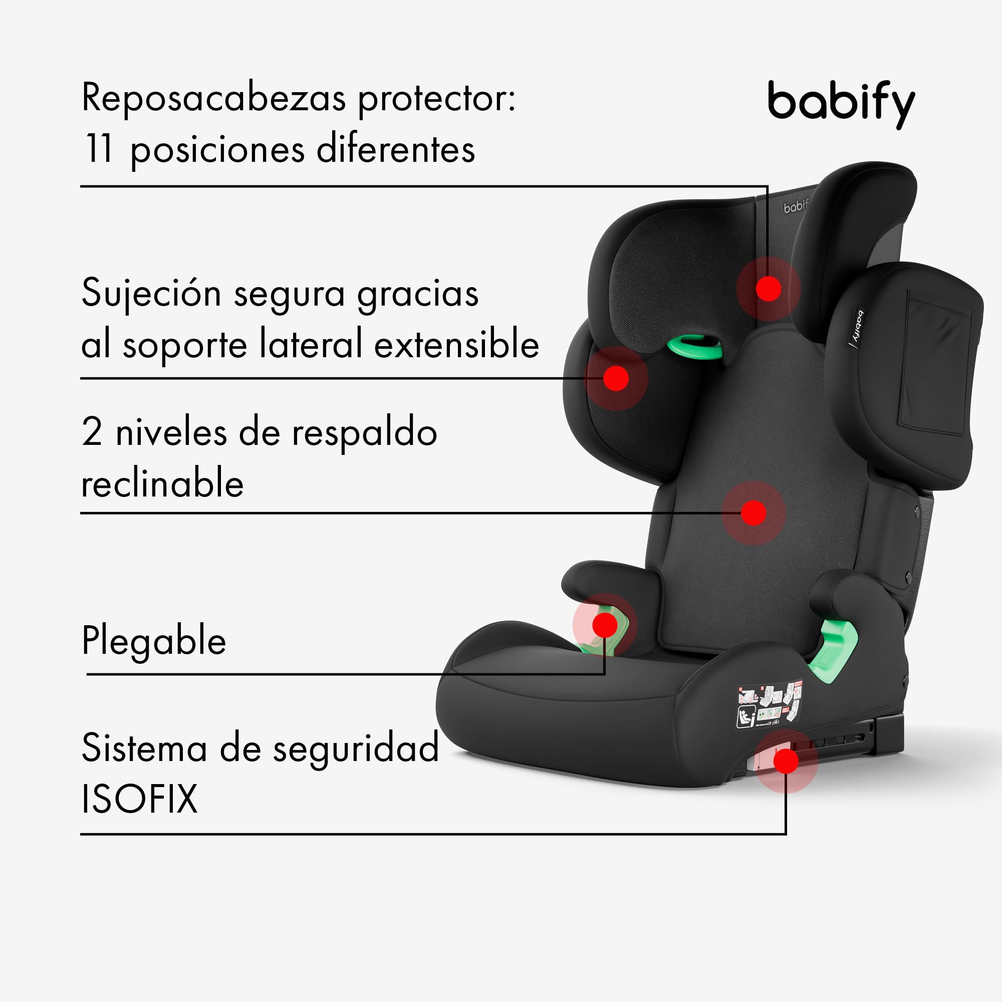 Babify FlexiFit Premium Silla de Coche para Bebés ISOFIX - para Niños 3-12 Años (15-36 kg), ECE R129, Reposacabezas 11 Posiciones, Respaldo Ajustable, Laterales Extensibles, Diseño Plegable, Negra