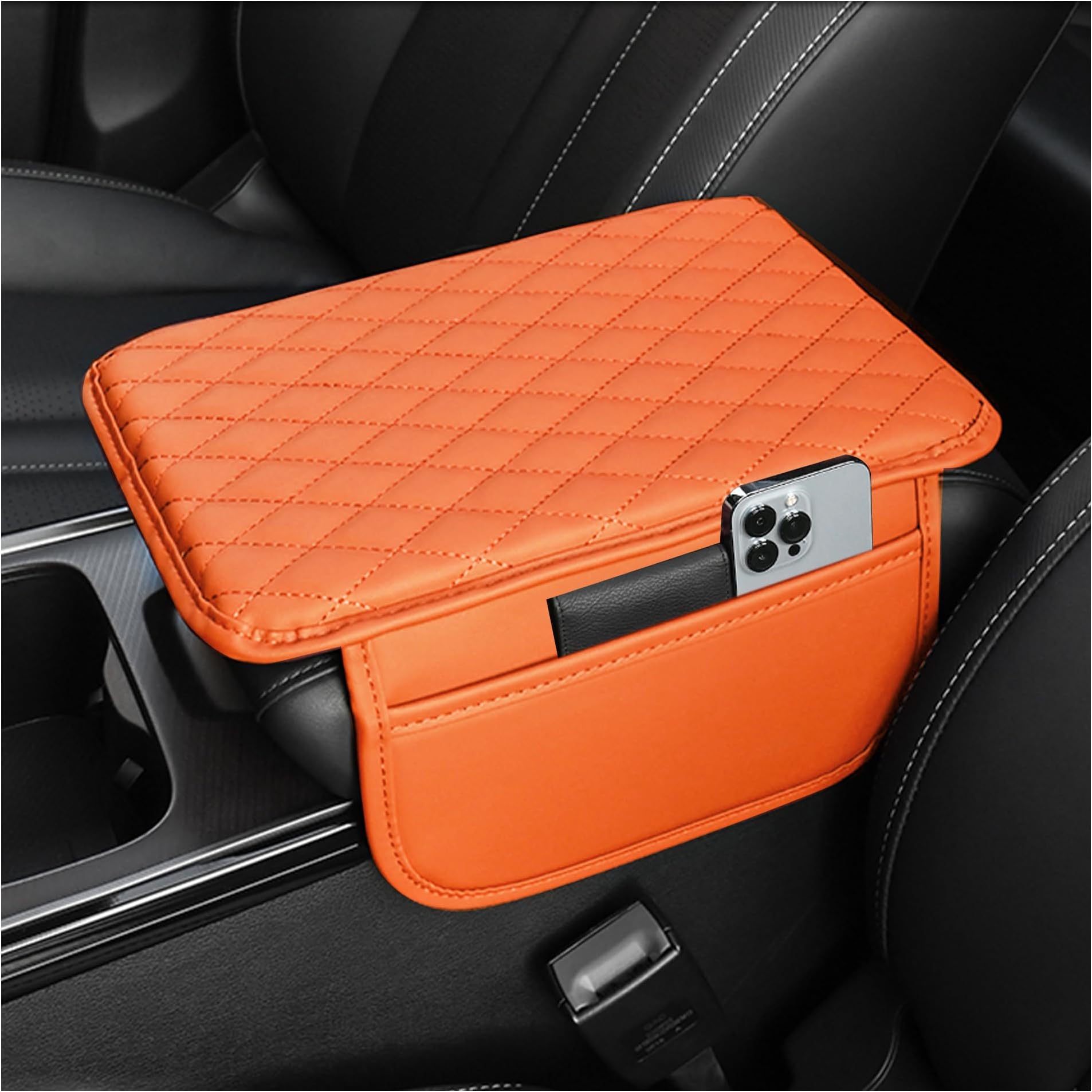 Stacool Upgraded Car Center Console Cover,Microfiber Leather Car Armrest Cover Cushion with 2 Storage Bags,Universal Car Armrest Storage Box (Orange)
