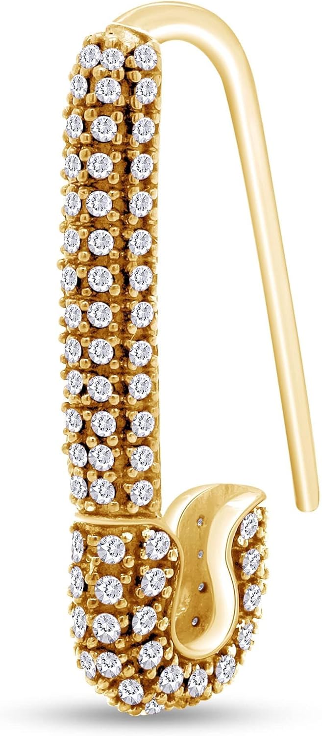 Single Safety Pin Hoop Earring for Women Round Cut White Cubic Zirconia In 14K Gold Plated Sterling Silver Jewelry Gift For Her