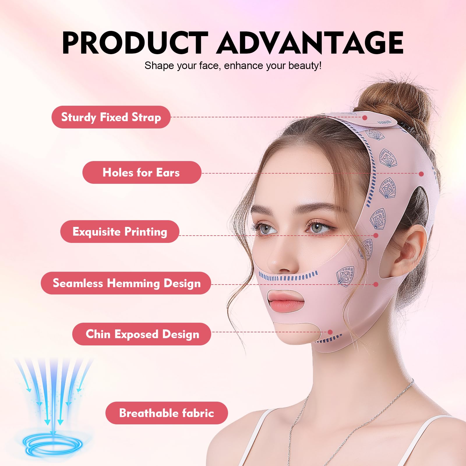 Face Tape Reutilizable y Ajustable,Reductor de Papada y Doble Mentón,Banda Lifting Facial V Line para Contorno Definido,Cómoda, Ligera,Transpirable y Durable,Uso Diario y Viajes,V Line Banda Rosa