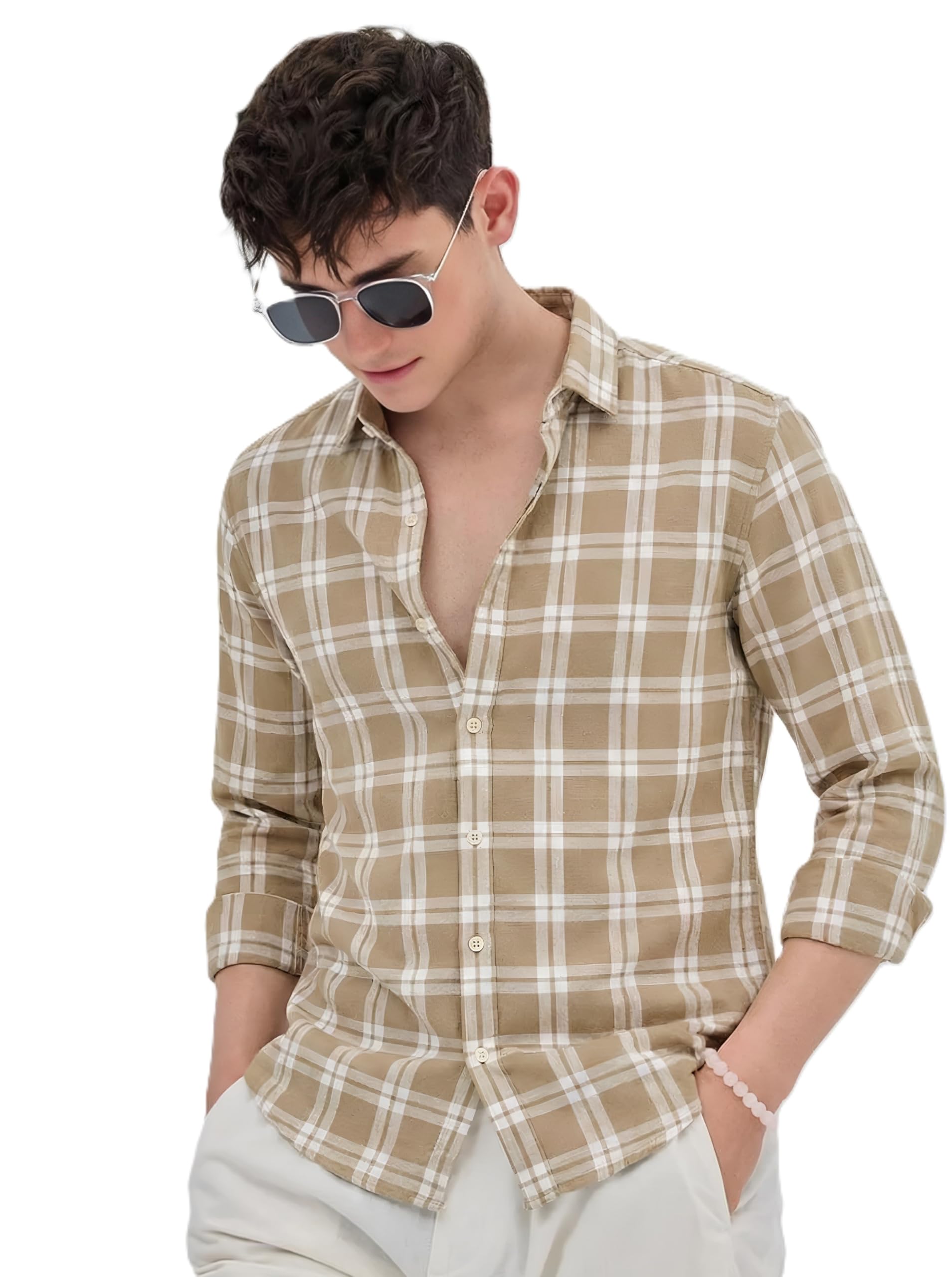 u turn Men's Casual Plaid Button-Down Shirt, Khaki and White Checkerd Shirt Latest Stylish-picture-24