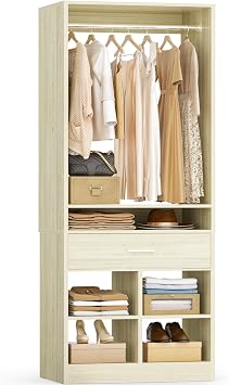 Unikito Freestanding Closet System with Wood Drawer and 4 Cubby Storage, Closet Organizer with Hanging Rods & Shelves, 25" W X 80 H Clothes Garment Rack, Walk in Closet Tower Wardrobe, White Oak