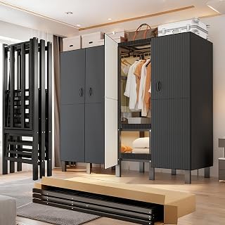 49.2in Heavy Duty Clothes Rack with Black Magnetic Door 1300LBS Foldable Portable Wardrobe Closet for Hanging Clothing metal Garment Rack Closet System for Bedroom、Apartments, rentals (A, 49.2in)