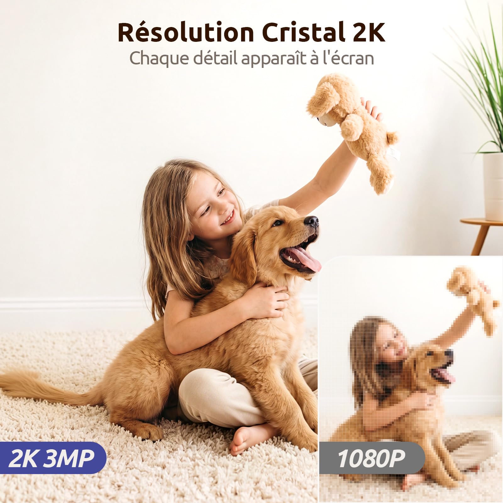 AOQEE 2K 3MP Camera Interieur - 2,4G/5GHz Double Bande Camera Surveillance WiFi, Suivi Intelligent, Détection Humaine IA, Audio Bidirectionnel, Connectée Smartphone pour Bebe/Chat/Chien (Lot de 3)