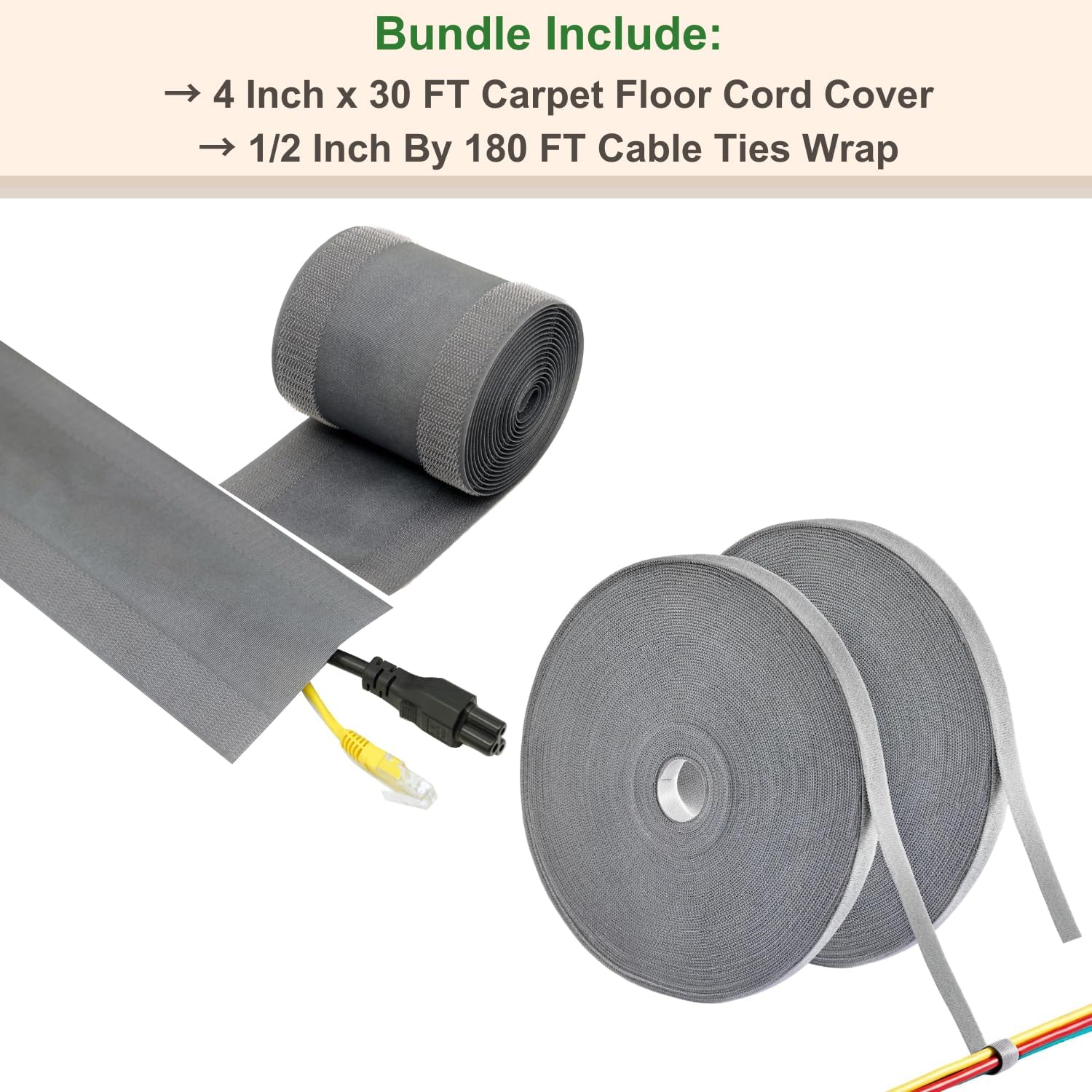 ECOHomes Bundle - 4 Inch x 30 FT Carpet Cord Cover + 1/2 Inch By 75 FT Cable Ties Wrap