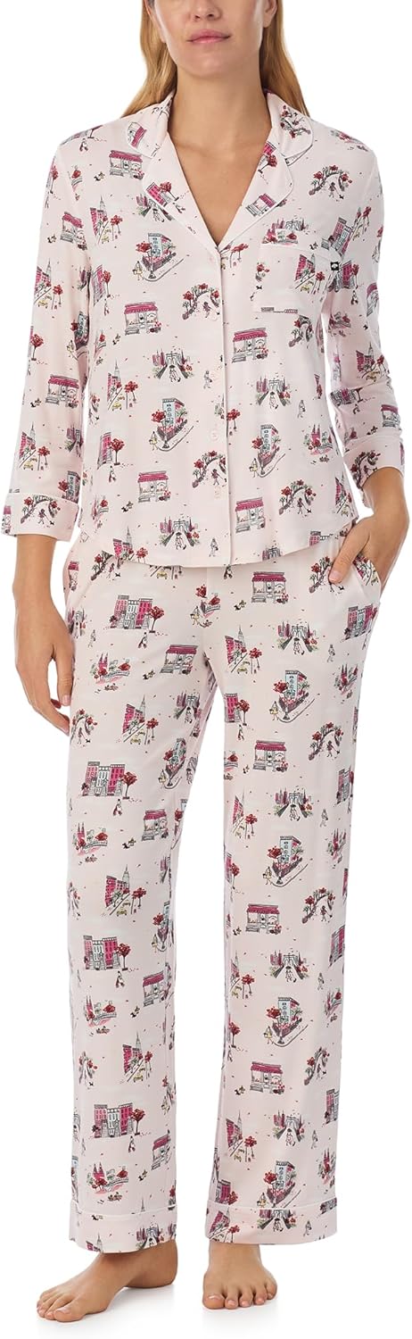 kate spade new york Pajamas for Women 2 Piece Set Comfy Modal Classic 3/4 Sleeve Notch Collar Button Top & Pants