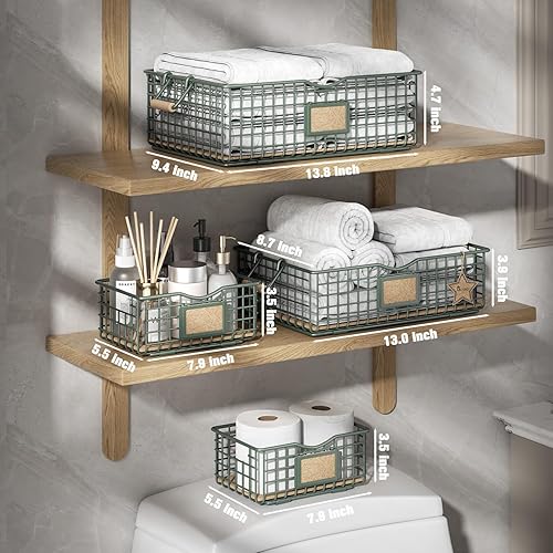 Miniatura 2 de Cesta de almacenamiento de alambre, cestas de metal para estantes, organizador multiusos de mostrador con asas de madera, contenedores de