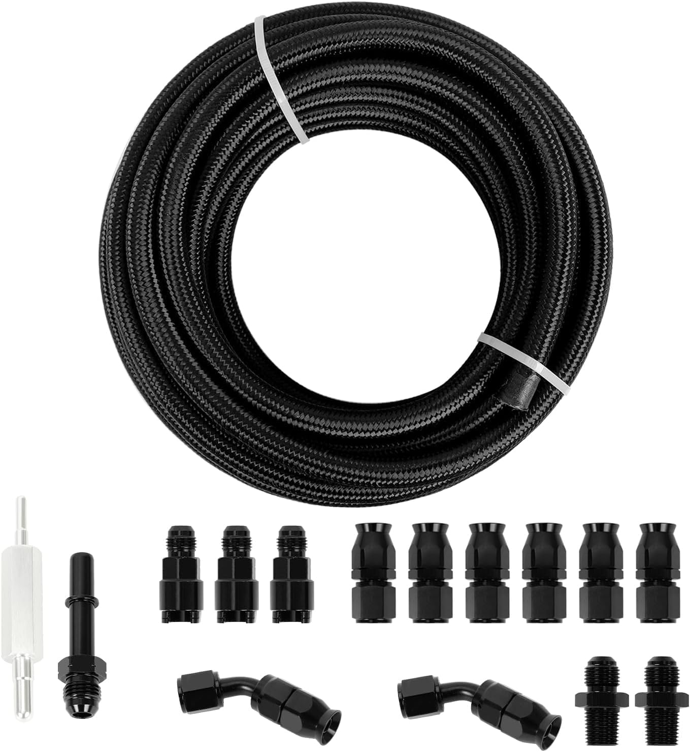 6AN 25FT PTFE Fuel Line Hose Kit, AN6 3/8" PTFE LS Swap EFI E85 Nylon Braided Fuel Line with 15PCS Hose Fitting Adapter Kit (5/16 inch ID)