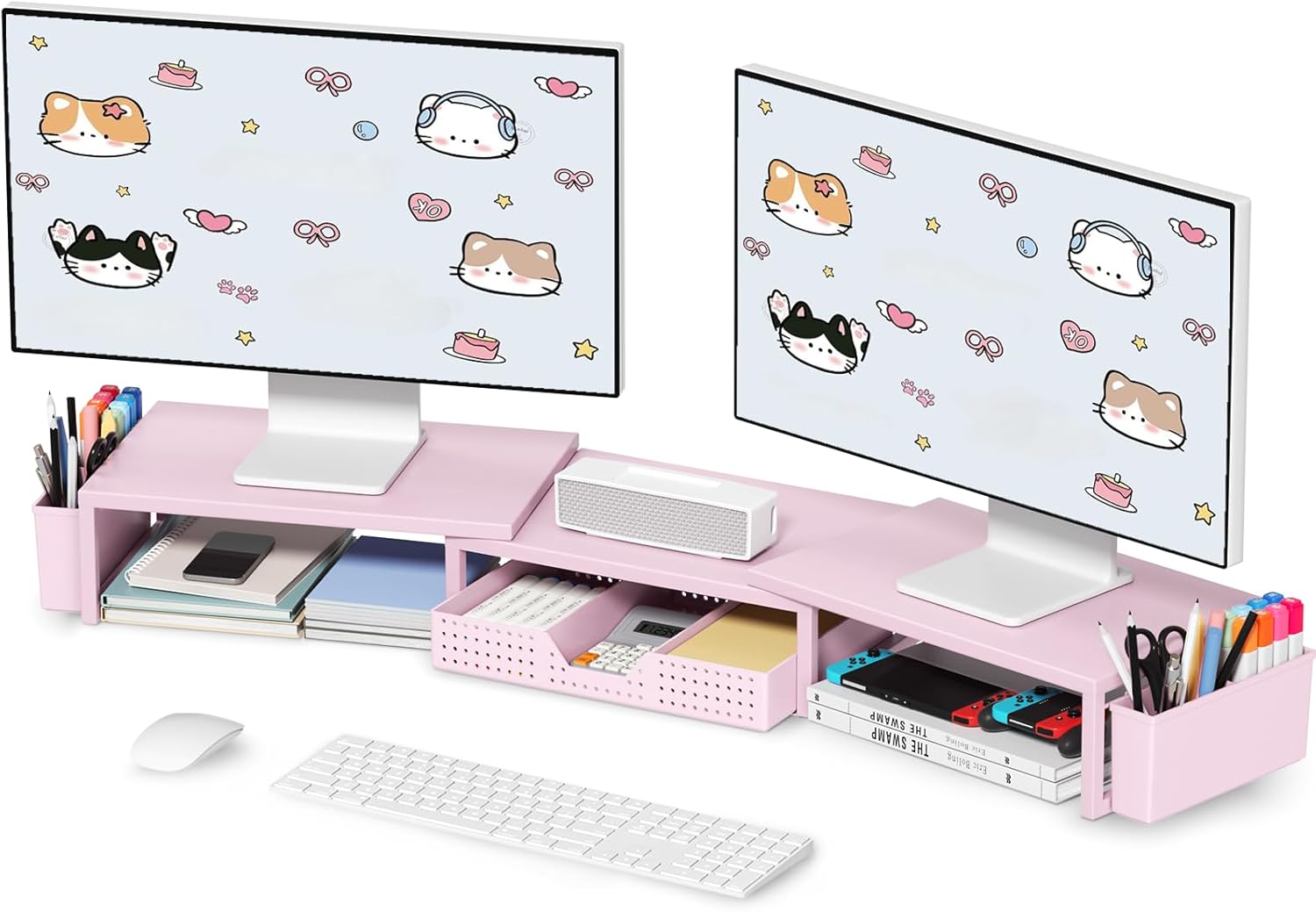 OPNICE Organizador de escritorio rosa y accesorios para mujer, soporte para monitor de computadora doble con cajón y 2 soportes para bolígrafos,