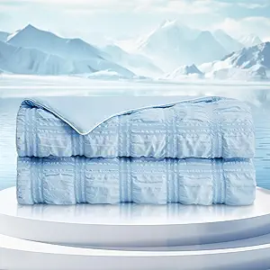 Cozy Bliss Cooling Comforter Twin Size Seersucker Plaid, Q-Max 0.4 Reversible Lightweight Cooling Blanket, Breathable Silk Smooth Summer Bedding Quilt for Hot Sleepers Night Sweats Blue