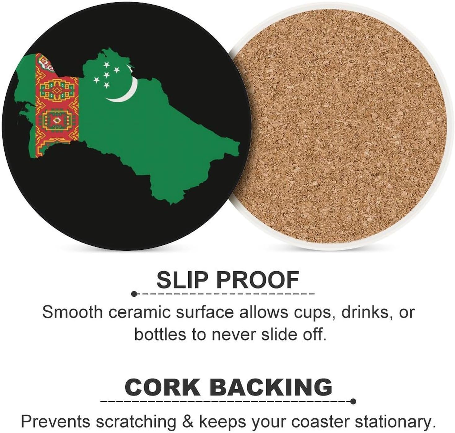 Turkmenistan Flag Map Round Ceramic Coasters for Drinks Absorbent Cup Holder Tabletop Protector with Cork Base
