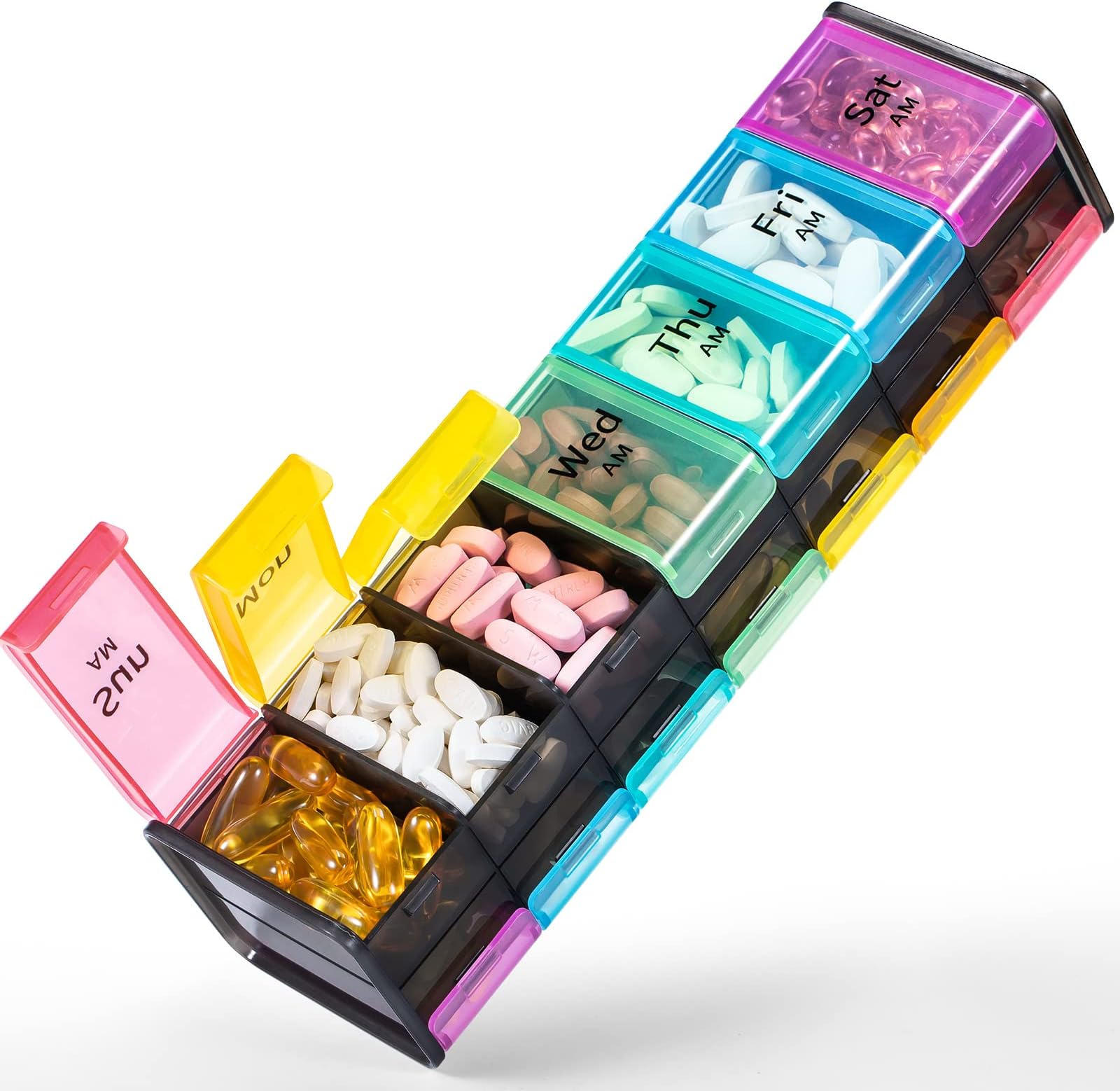 Extra Large Weekly Pill Organizer 2 Times a Day - Betife 7 Day Pill Box, AM PM Pill Case with Double Layer Jumbo Compartment for Pills, Vitamin, Fish Oil, Supplements (Rainbow)