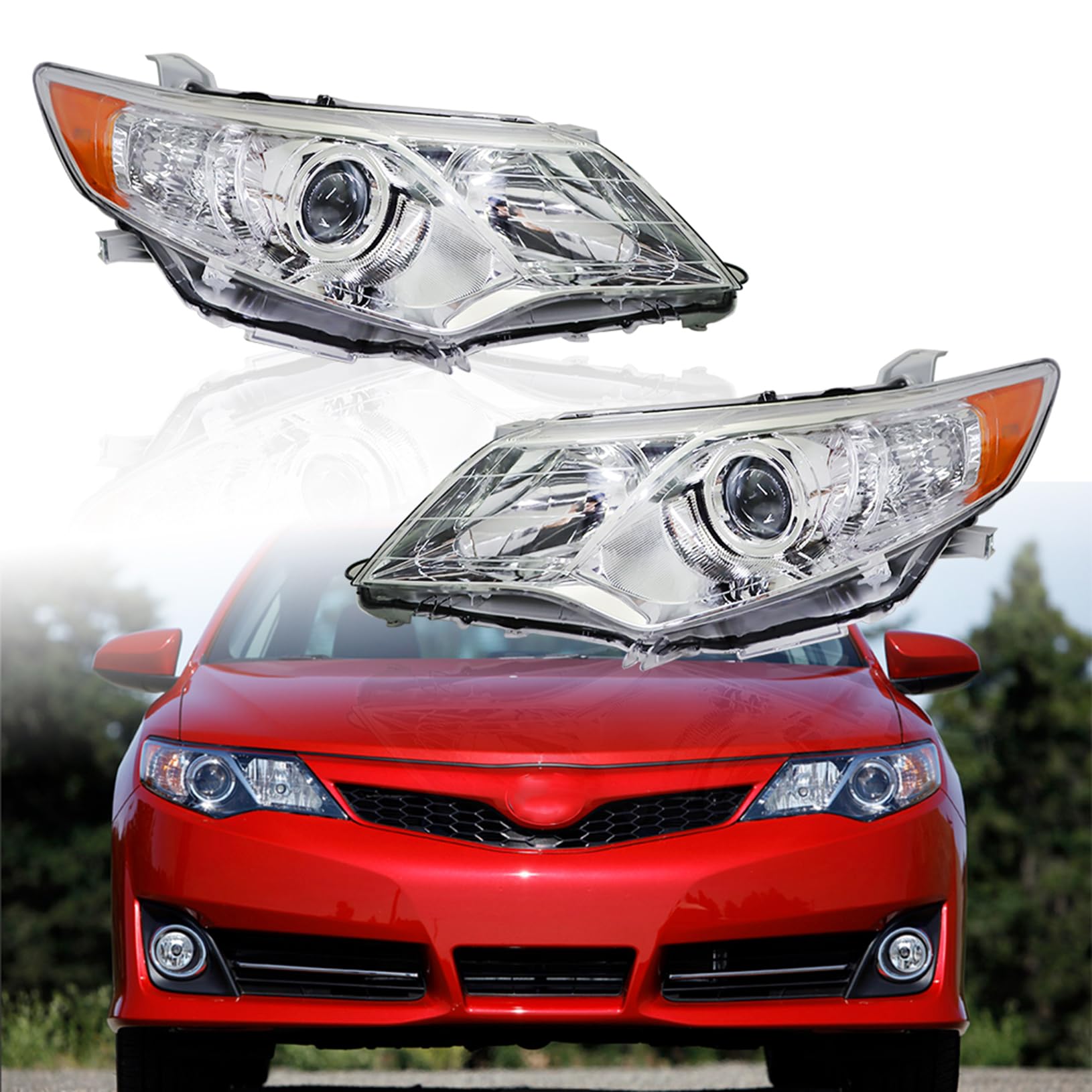 WEELMOTO Pair Headlights For 2012-2014 Toyota Camry - Chrome Projector Halogen