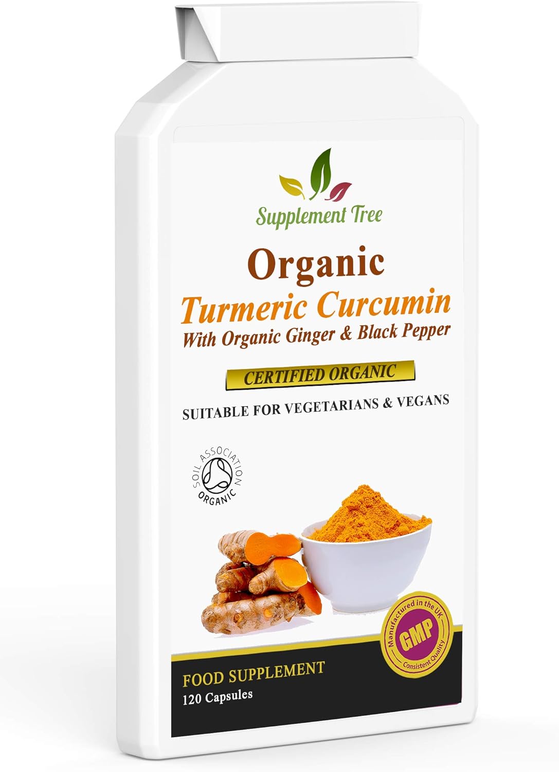 Organic Turmeric Curcumin with Organic Ginger & Black Pepper 120 Capsules | Highest Potency Tumeric Supplement | Soil Association Certified