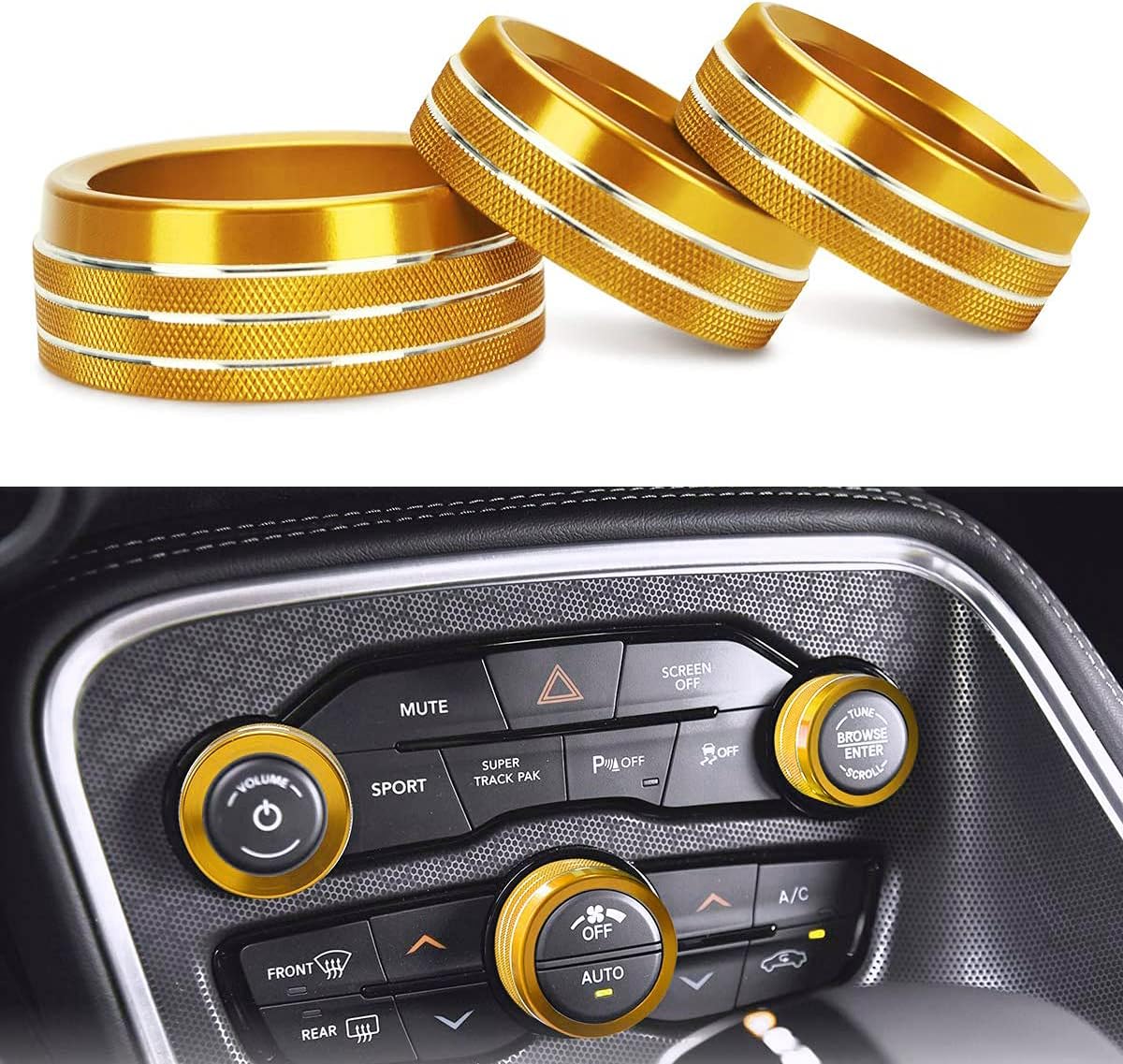 Auprite Climate Control Knob Covers for Challenger Accessories 2015-2023 2024, for Dodge Charger 2015-2023 2024, for Dodge Chrysler 300/300s 2015-2024,3Pcs Kit (Gold)