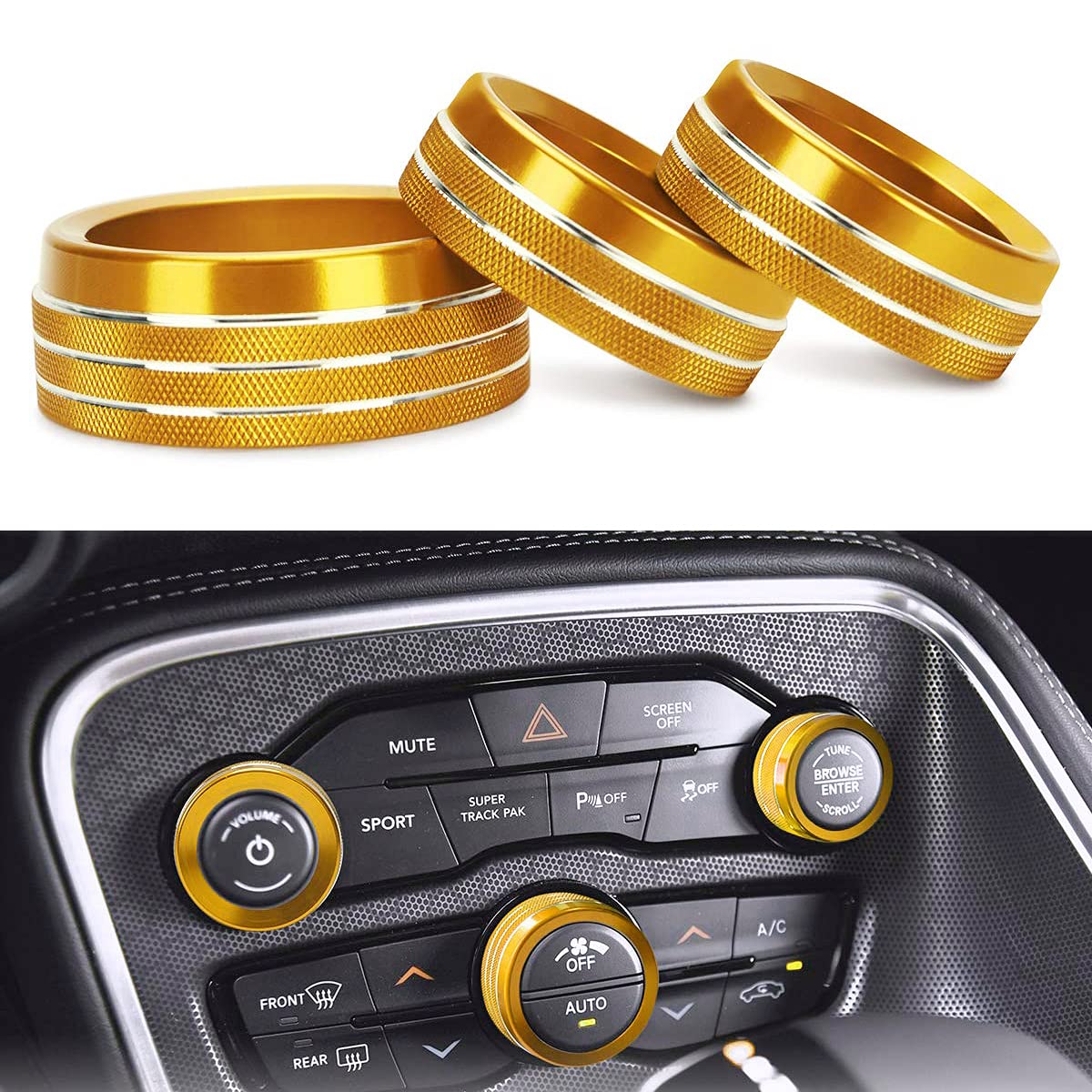 Auprite Climate Control Knob Covers for Challenger Accessories 2015-2023 2024, for Dodge Charger 2015-2023 2024, for Dodge Chrysler 300/300s 2015-2024,3Pcs Kit (Gold)