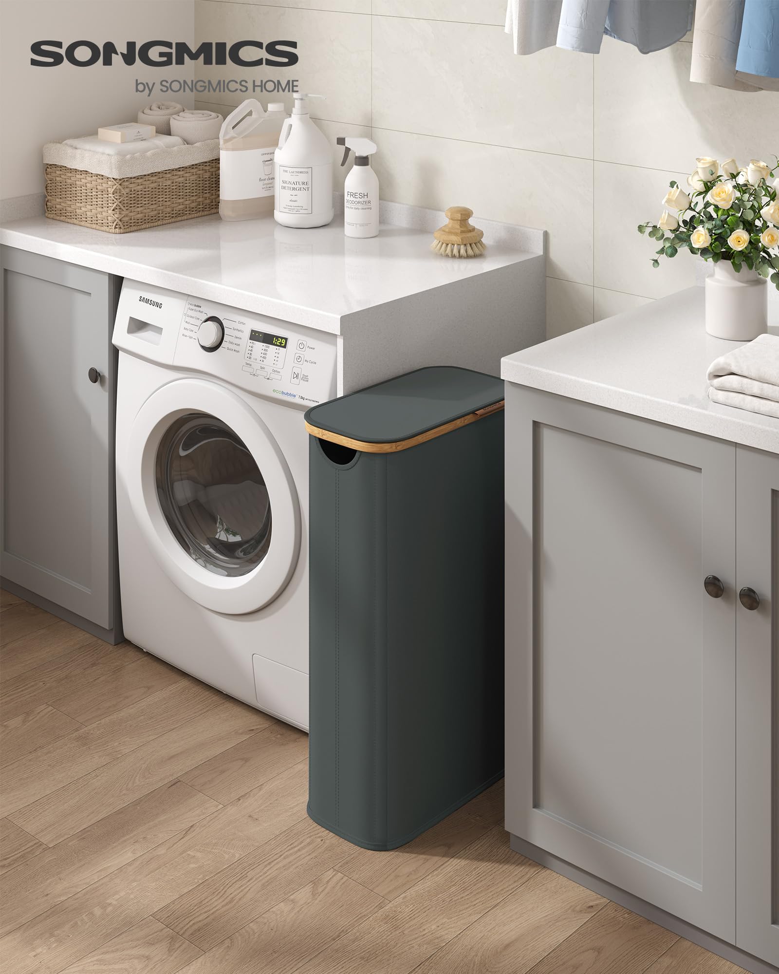 SONGMICS Cesto de Ropa con Tapa, Recogedor de Colada Estrecho, Tejido de Oxford, Plegable, Marco de Bambú, Lavadero, Dormitorio y Salón, 70 L, 42 x 22,5 x 70,5 cm, Gris Pizarra LCB517GN01 - 3