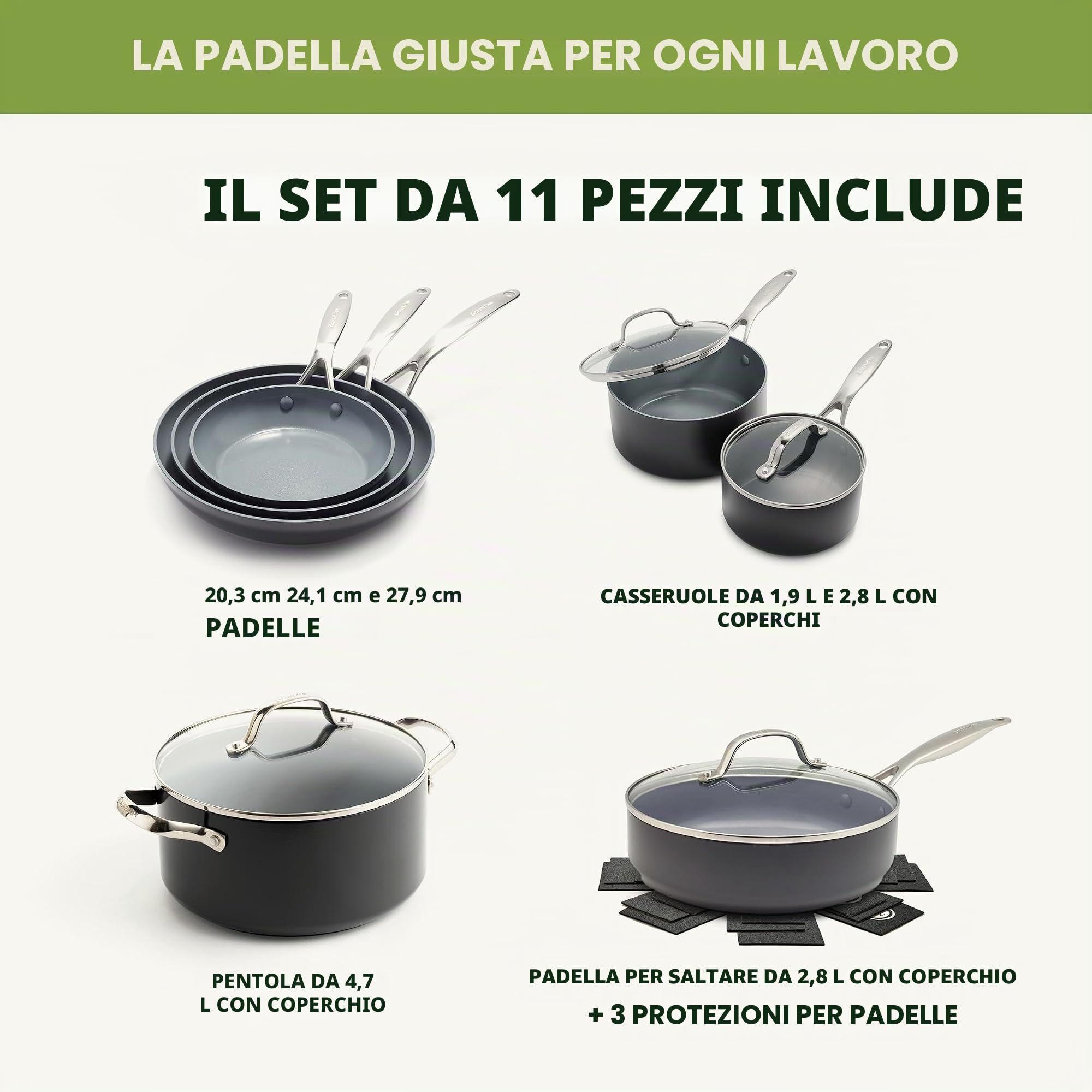 GreenPan Valencia Pro Set di Pentole e Padelle in Ceramica Dura Anodizzata Antiaderente da 11 Pezzi, Comprese Padelle,Per Sauté, Casseruole,Senza PFAS,Induzione,Lavabile in Lavastoviglie,Forno,Grigio