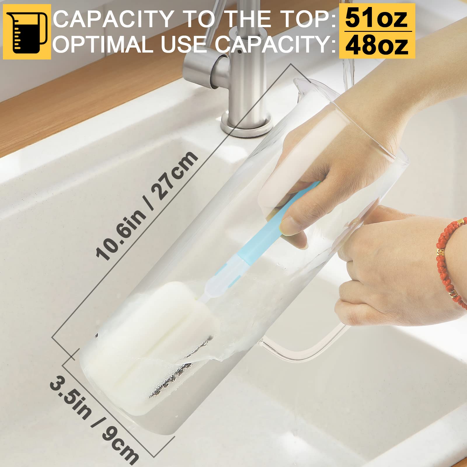 Caraffa In Vetro 1,3 LT Brocca Trasparente Con Manico Maneggevole Per Acqua Vino Succhi