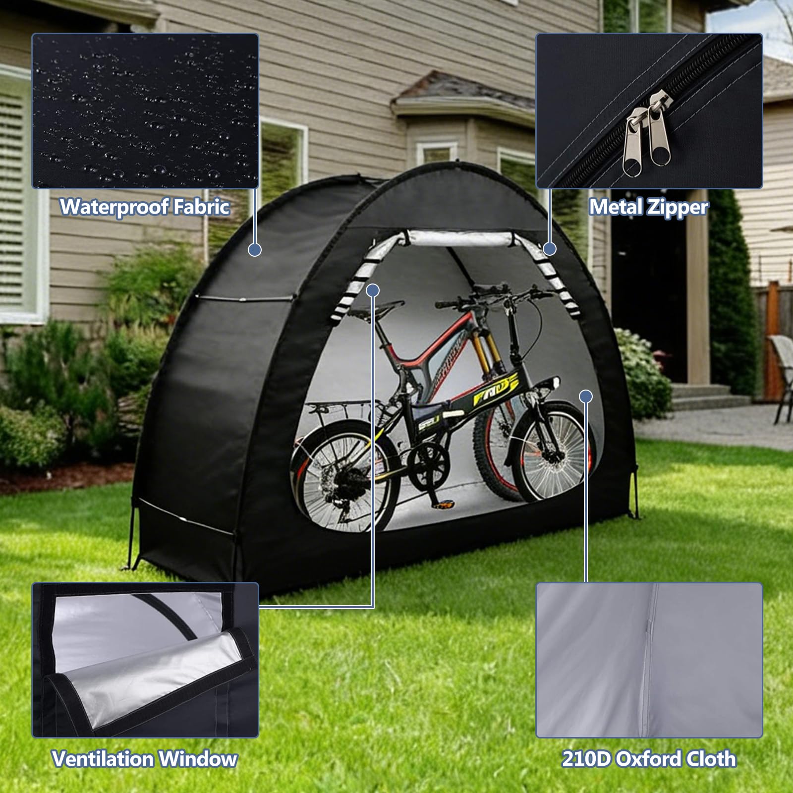 Fahrradabdeckung für Außenaufbewahrung, 210 x 150 x 165 cm, Fahrradschuppen, Zeltaufbewahrung, 210D Oxford, wasserdichtes Fahrrad- und Gartenzelt mit Aufbewahrungstasche, tragbarer