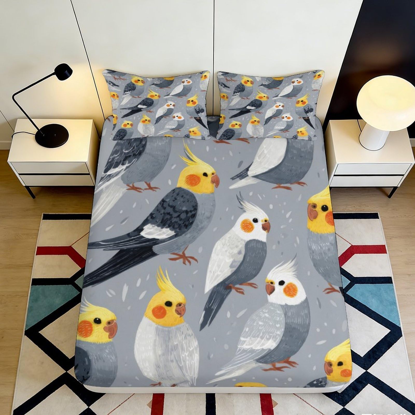3D Printed Cockatiel Pattern Fitted Sheet Microfiber Soft 3D Printed Parrot Bed Cover Mattress Cover for Bedroom Dormitory Guest Room 160x200x25cm